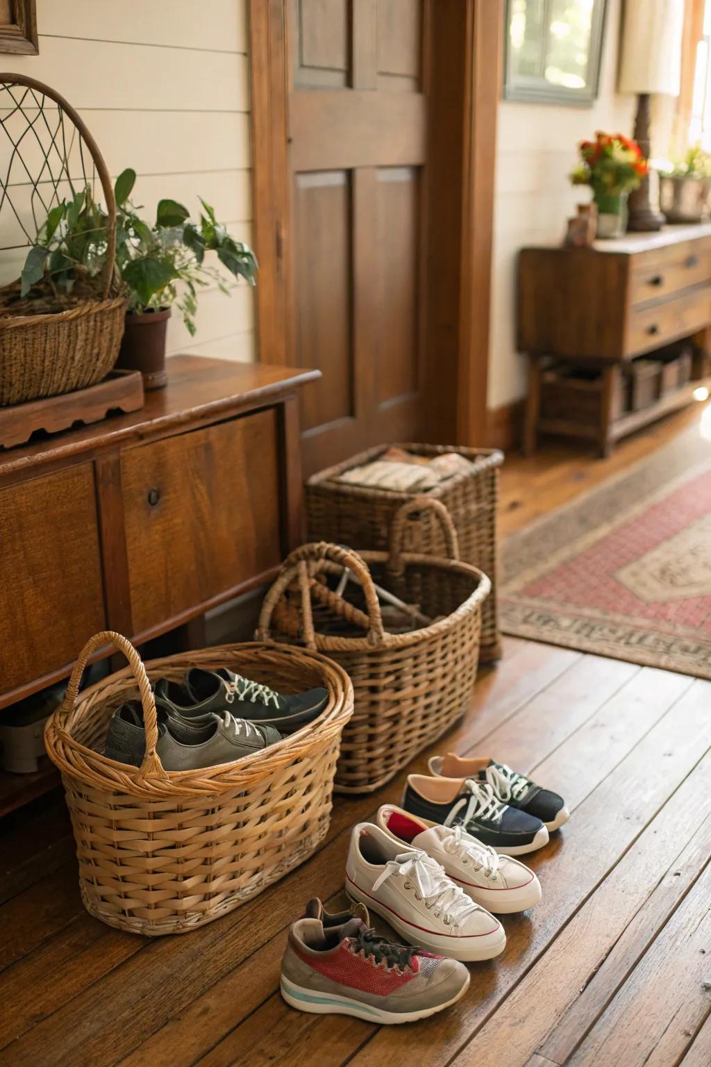 Repurposed vintage baskets offer a unique and charming solution for storing shoes.