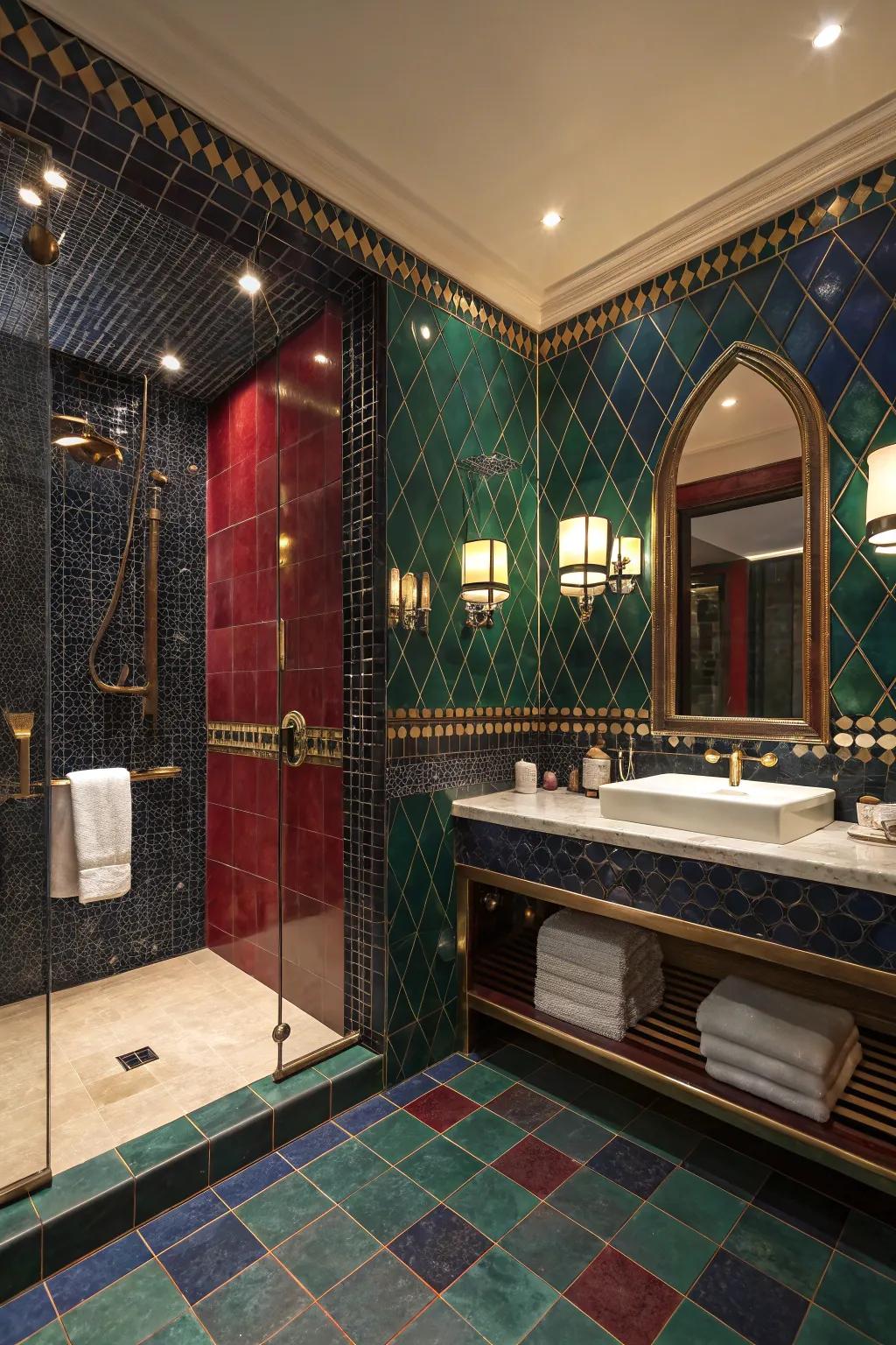 Jewel-toned tiles add richness and luxury to your shower.