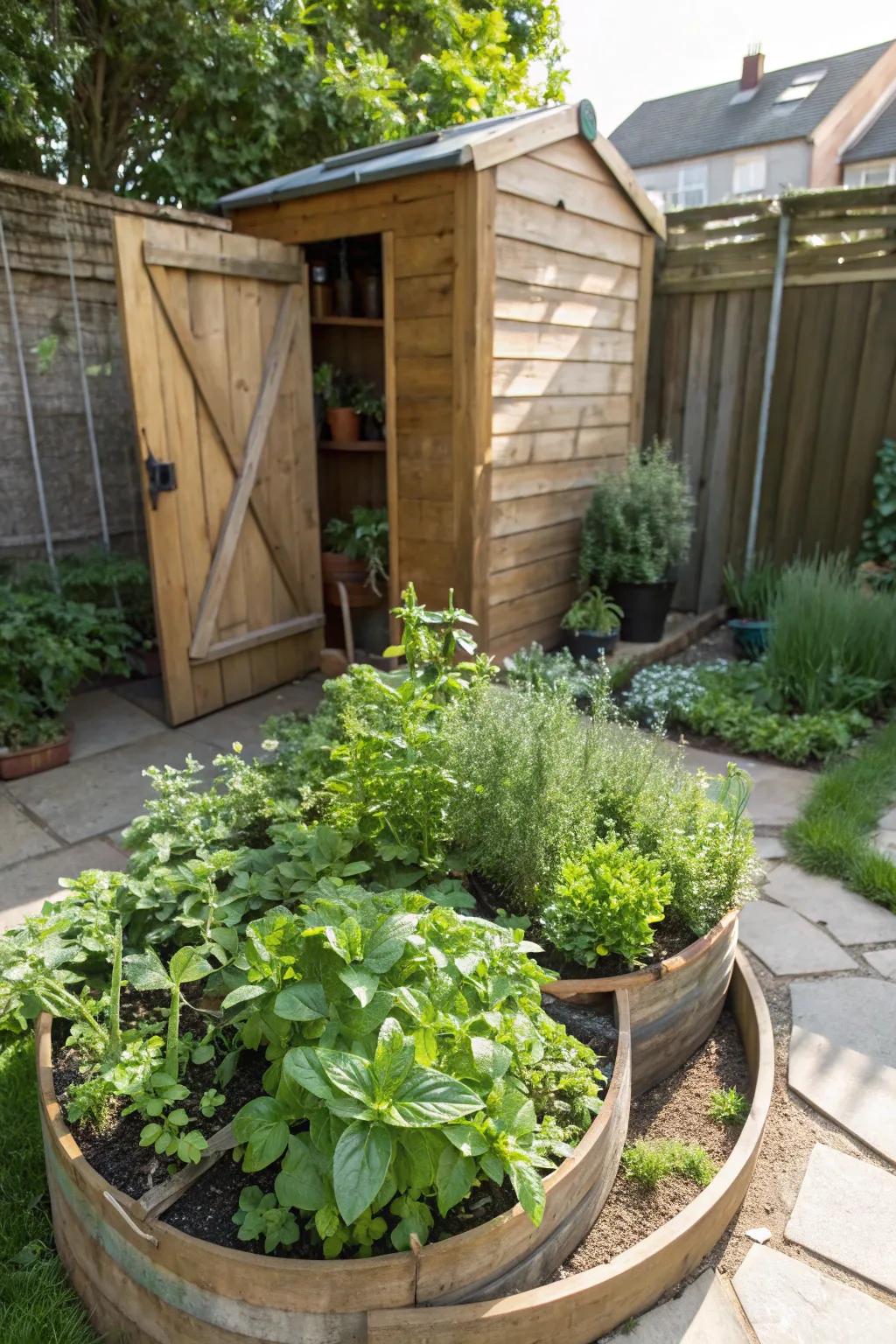 Herb spirals offer a functional and attractive addition to your shed landscape.