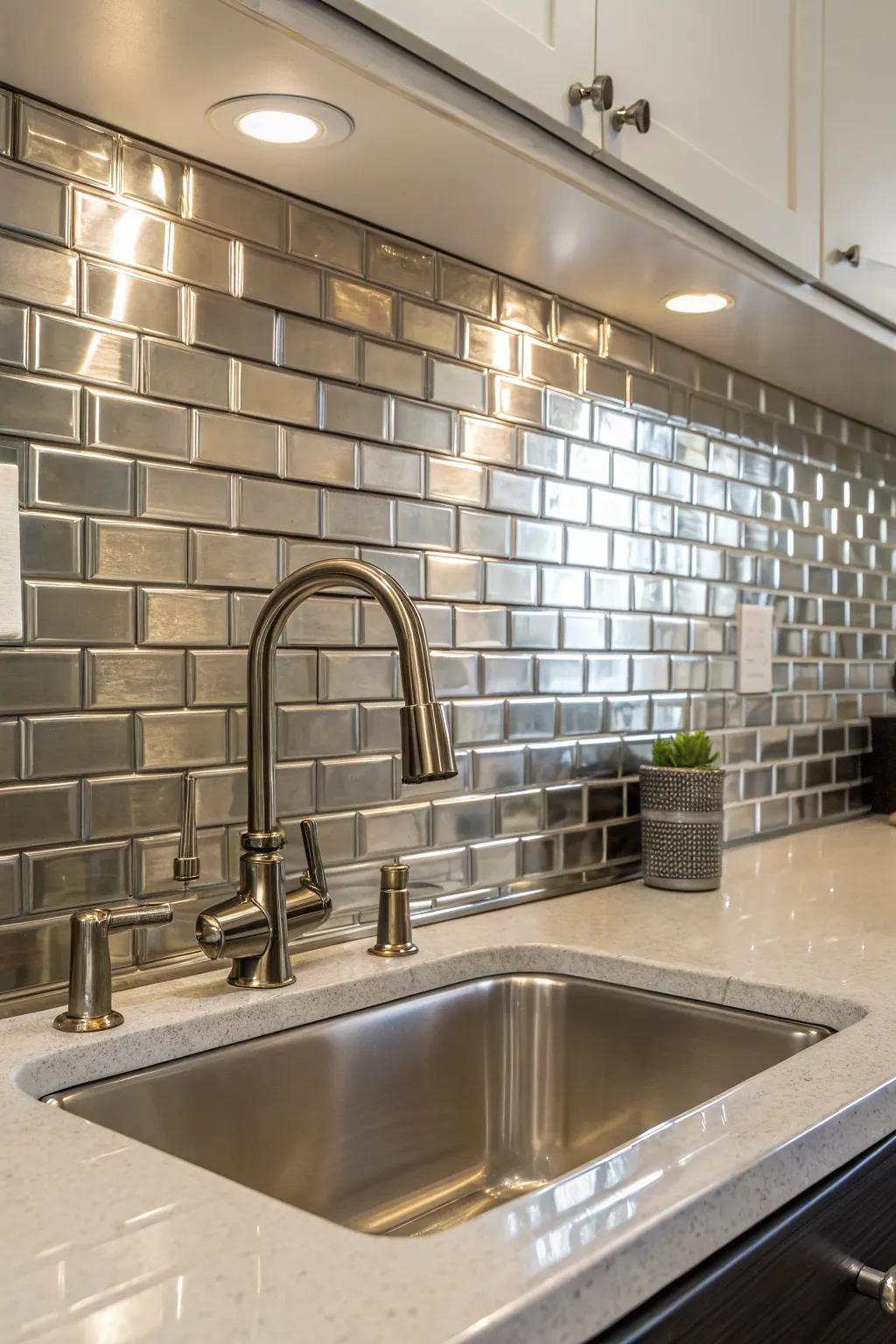 Modern metallic tiles add a sleek and shiny touch to the kitchen.