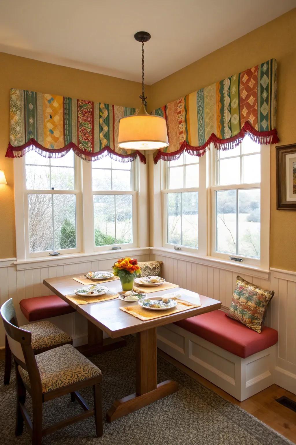 Colorful window tops add a playful and stylish finish to the window.