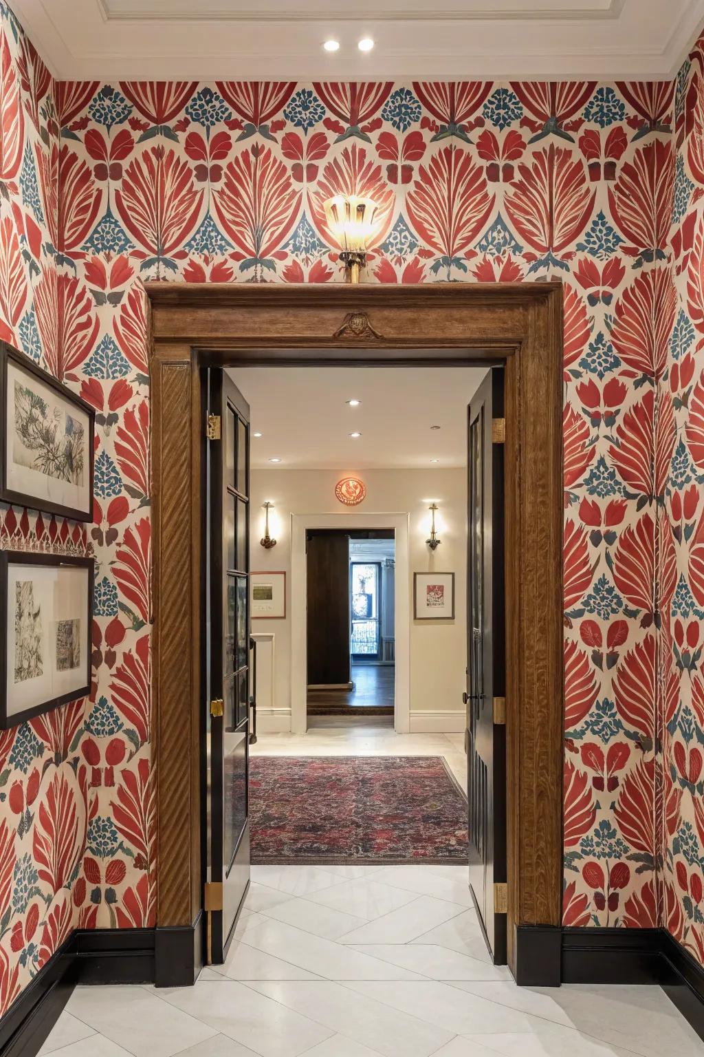 Bold wallpaper creating a statement in the entryway.