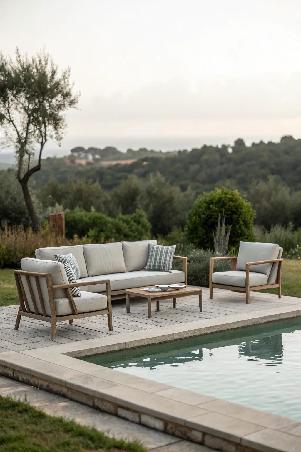 Minimalist furniture perfectly complements this small pool area.