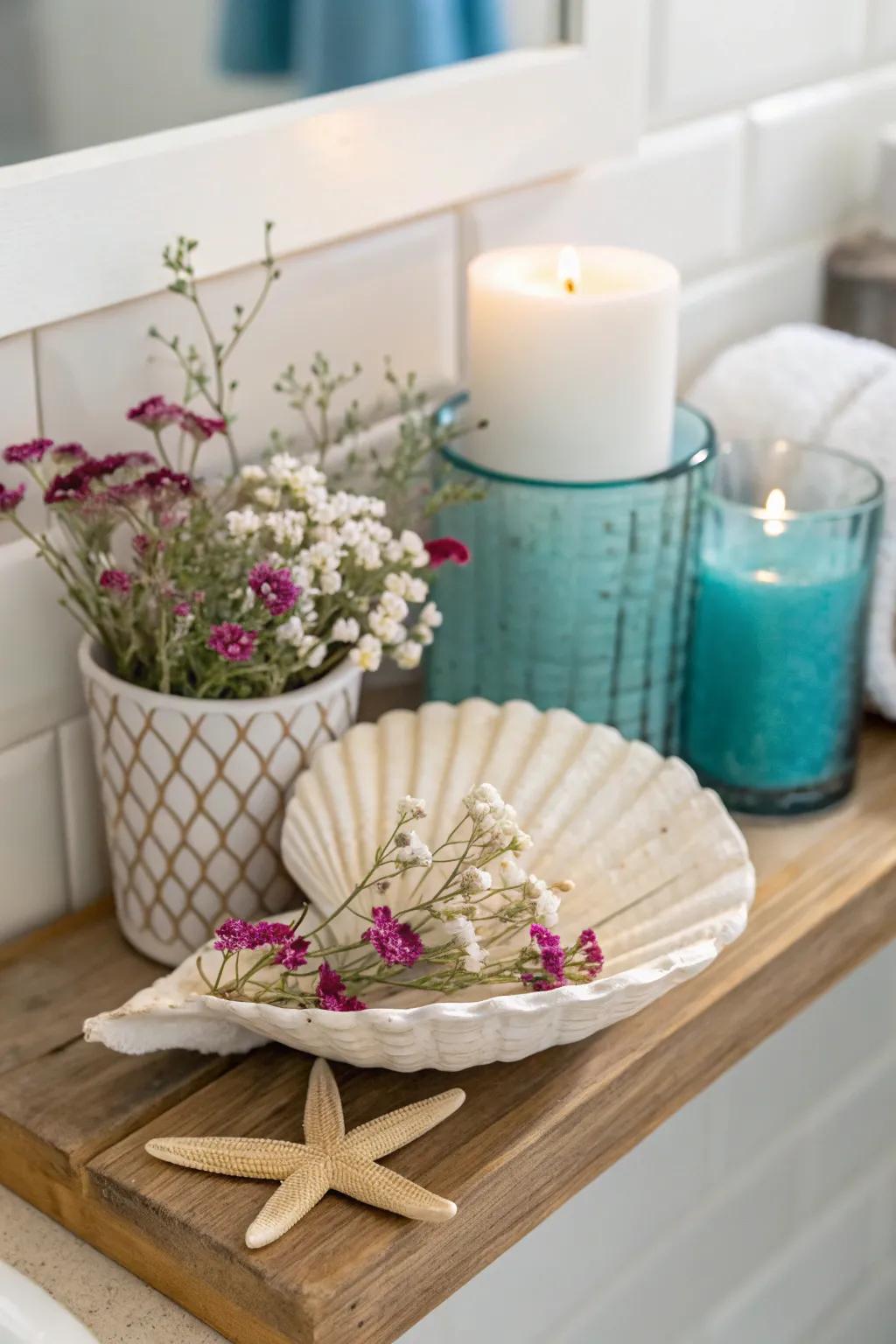 Shells loaded up with blossoms add a ocean side touch to your stylistic layout.