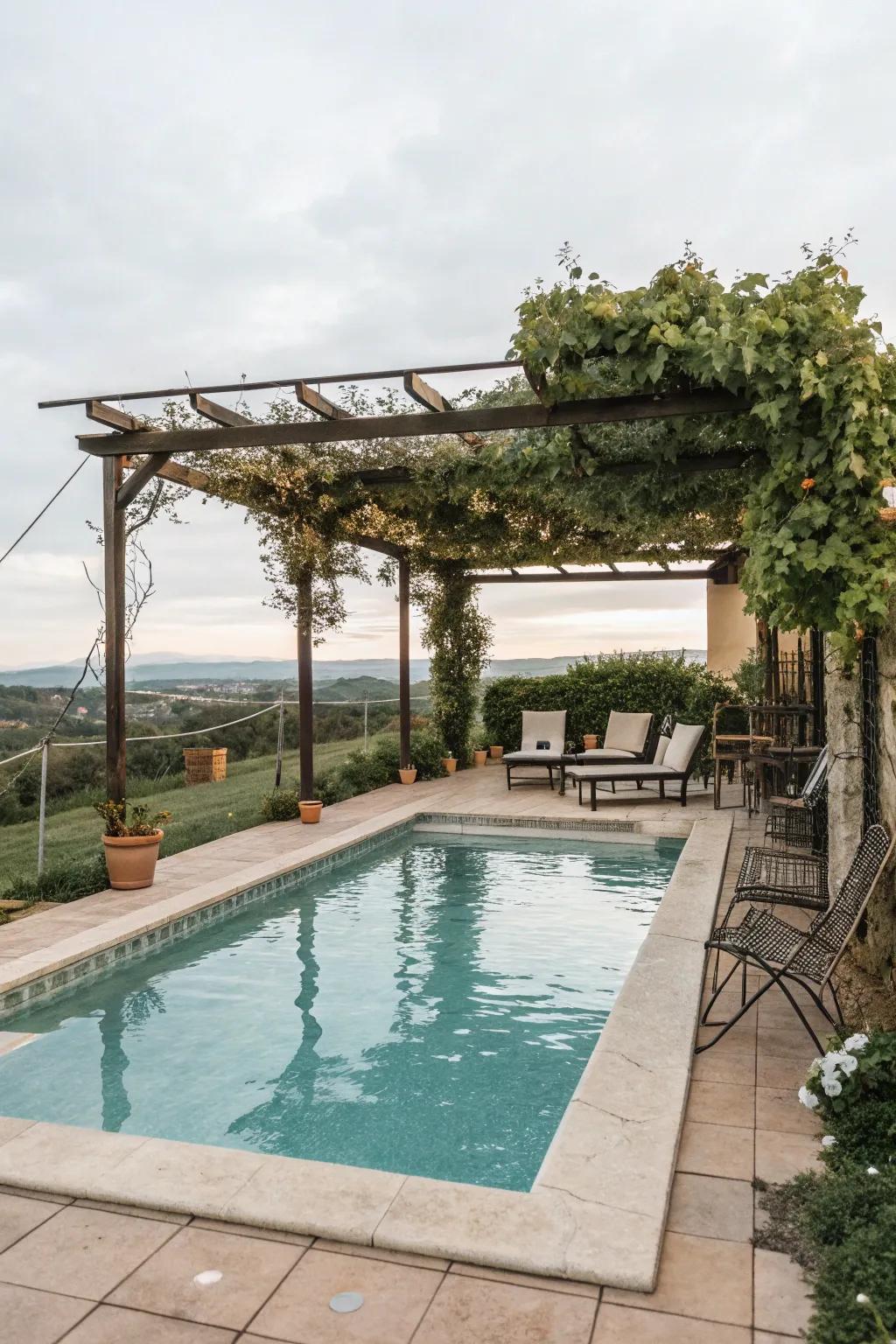 A poolside pergola provides shade and style.