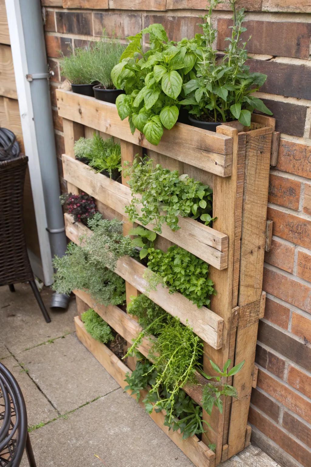 Pallet gardens provide a rustic and creative planting solution.