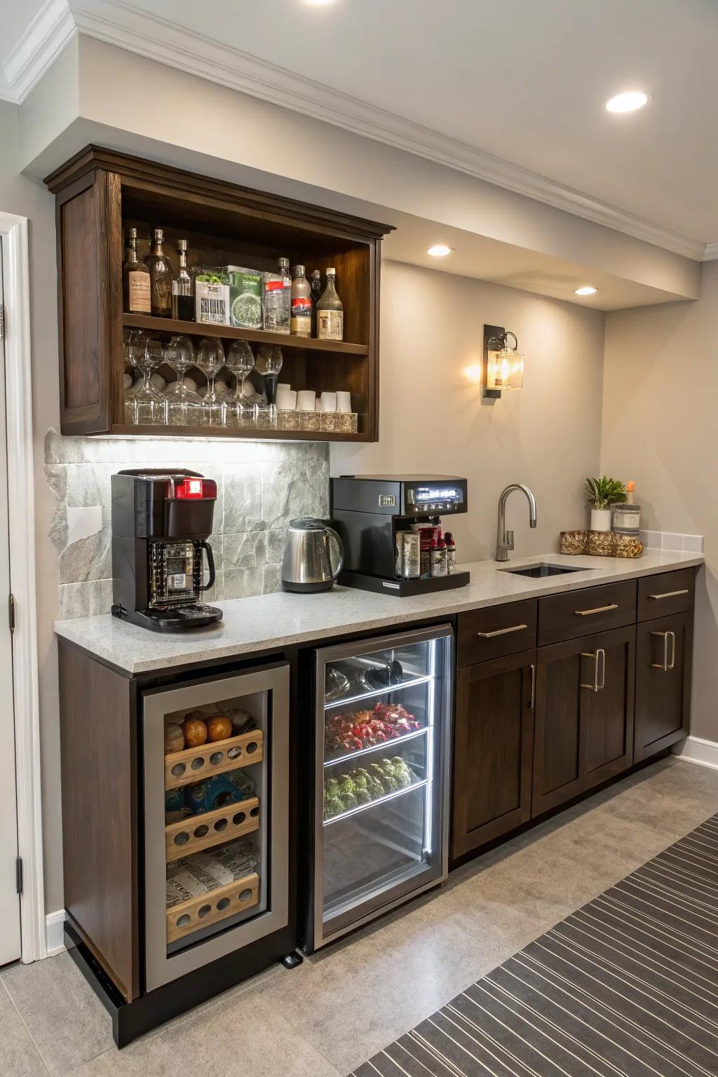 A multi-functional small wet bar with a coffee and snack station.