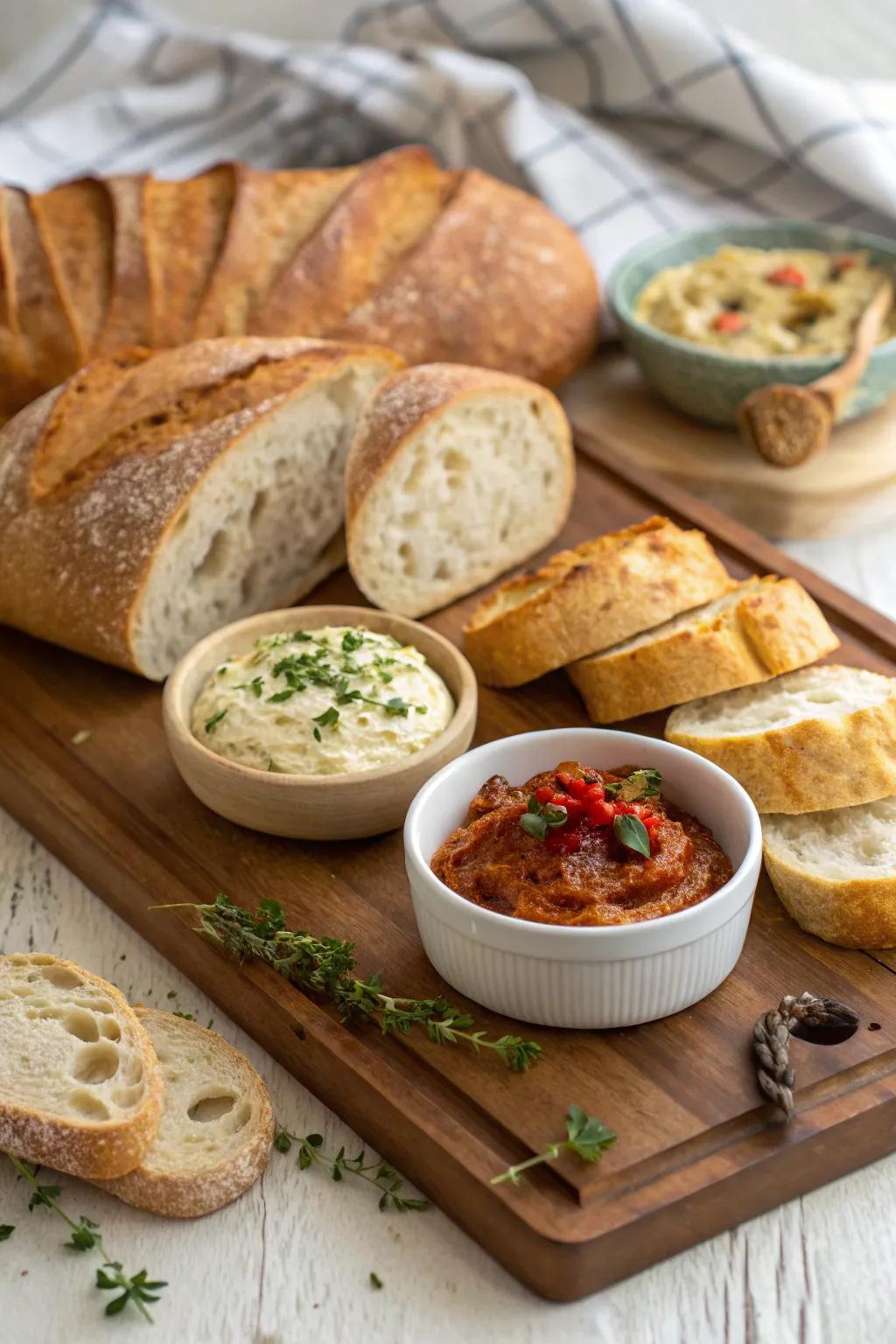 A rustic bread and dip selection bringing warmth and comfort to the table.