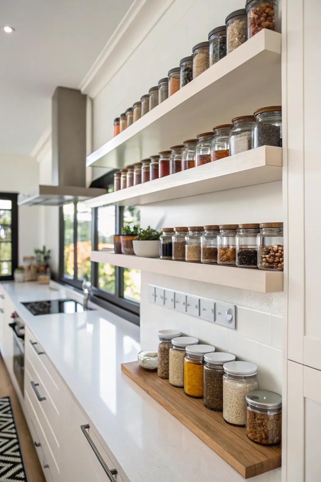 Floating shelves adding modern elegance to spice storage.