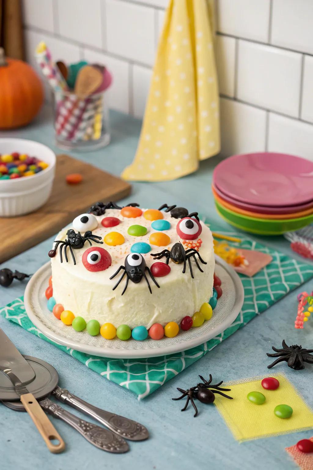 Playful candy eyes add personality to this cake.