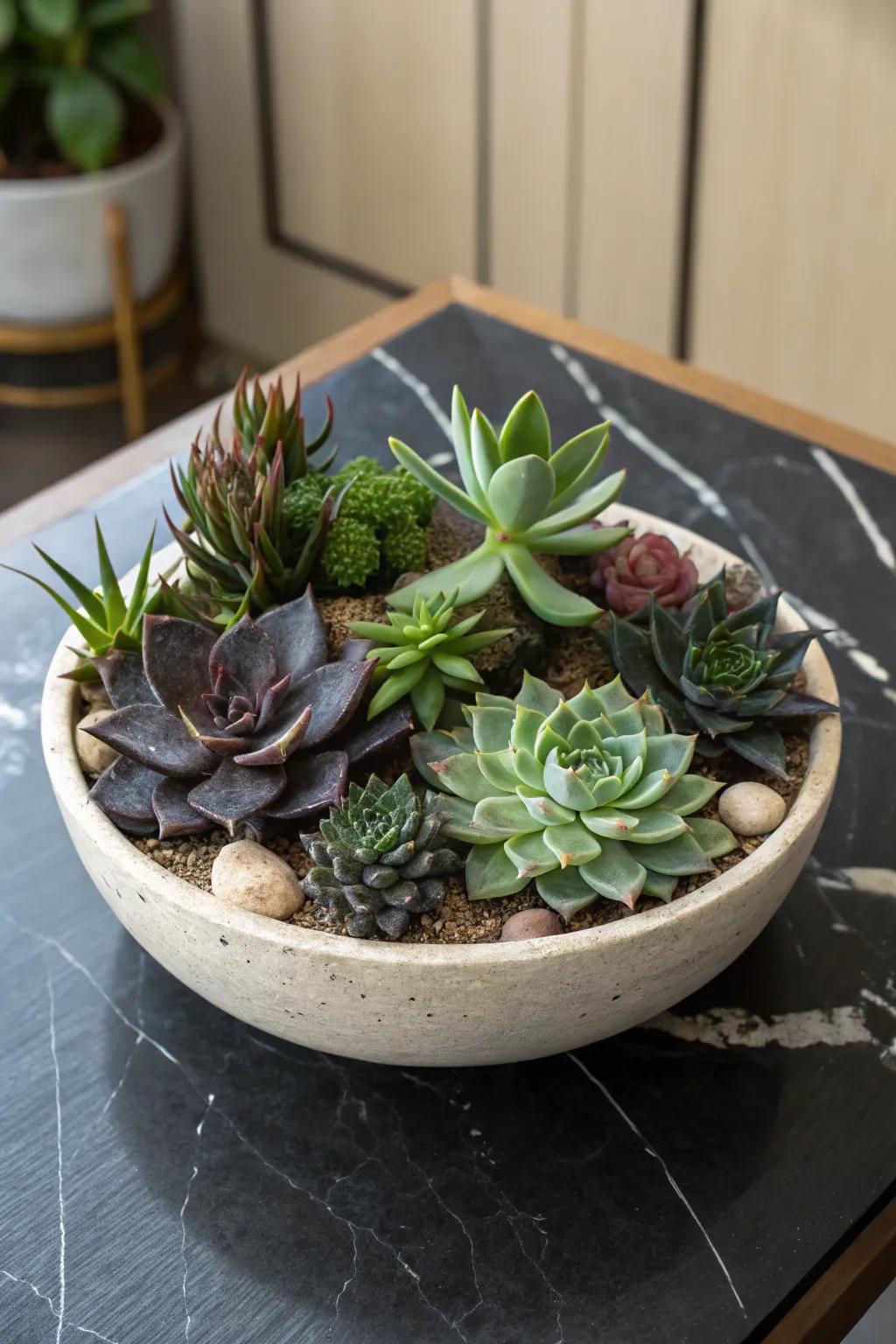 A striking succulent garden showcasing contrasting colors.