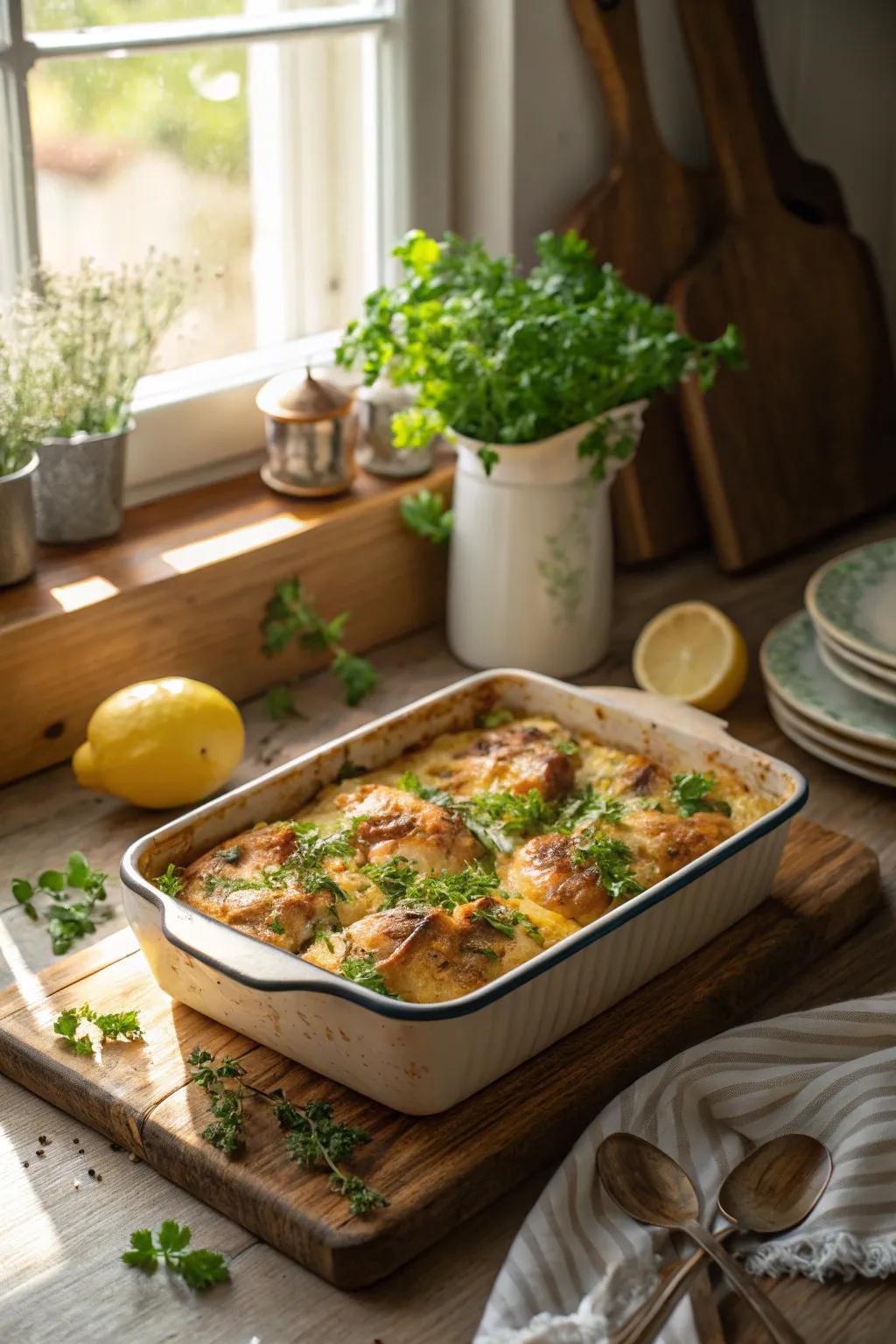 Zesty lemon and herb poultry bake, a refreshing Sunday treat.