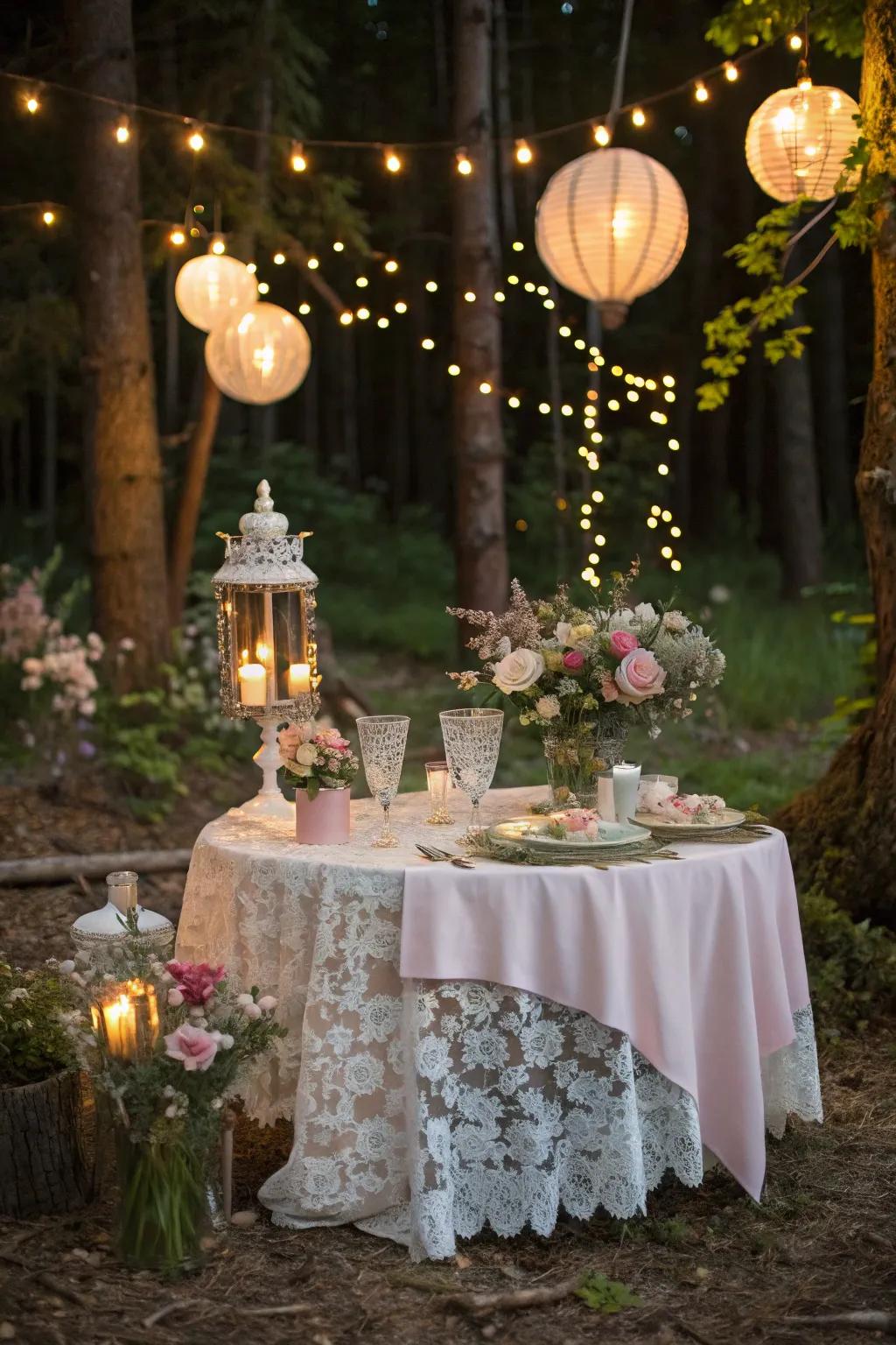 A fairy tale sweetheart table with twinkling lights and enchanting decor.