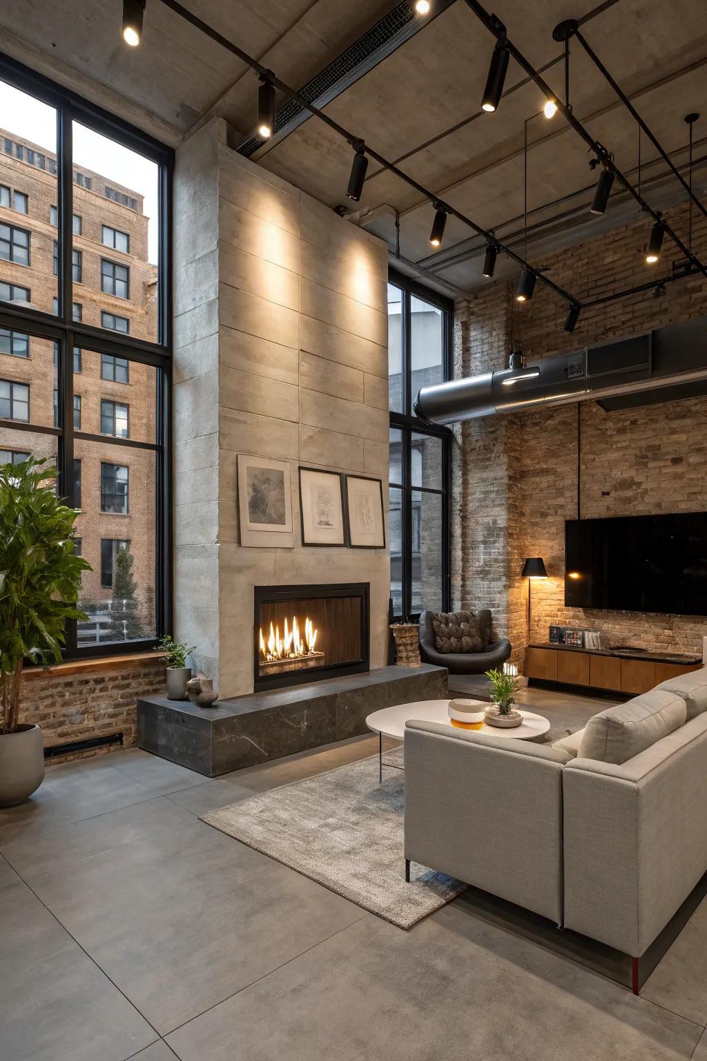 Concrete-look tiles add an industrial edge to this bold fireplace.