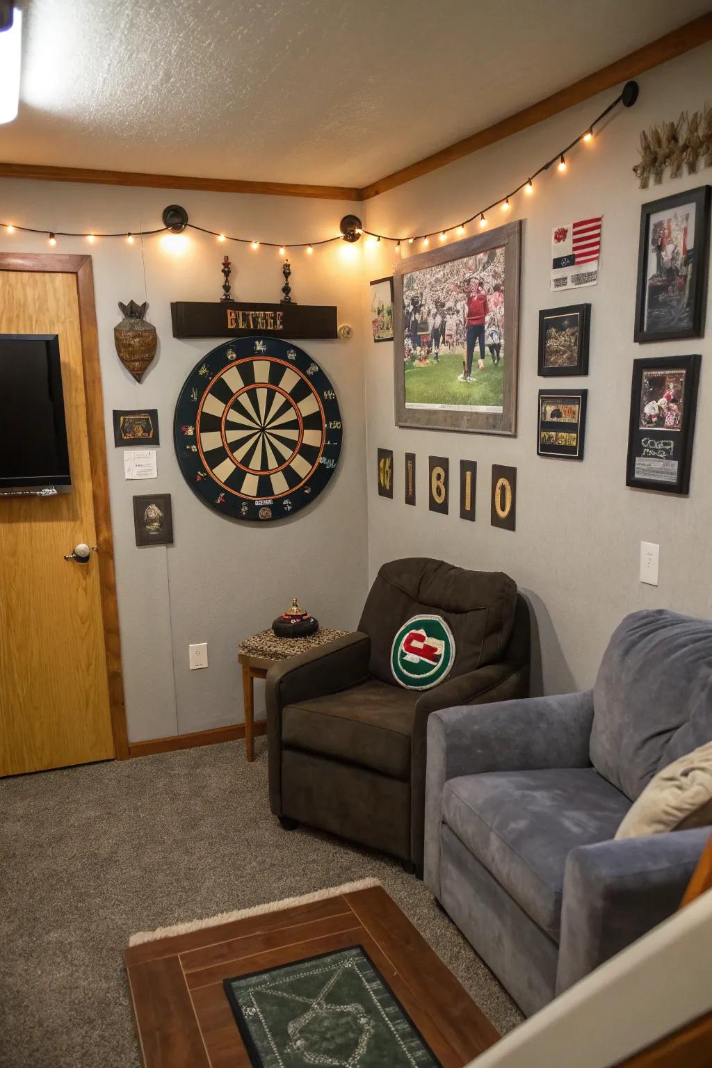 A dartboard adds entertainment to a small man cave.