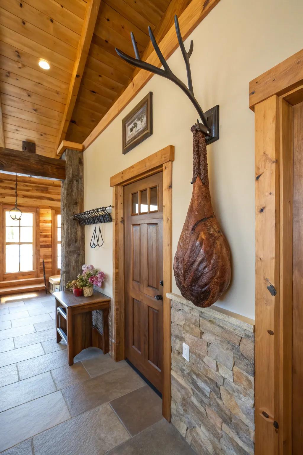 A quirky turkey leg coat hanger in a rustic entryway.