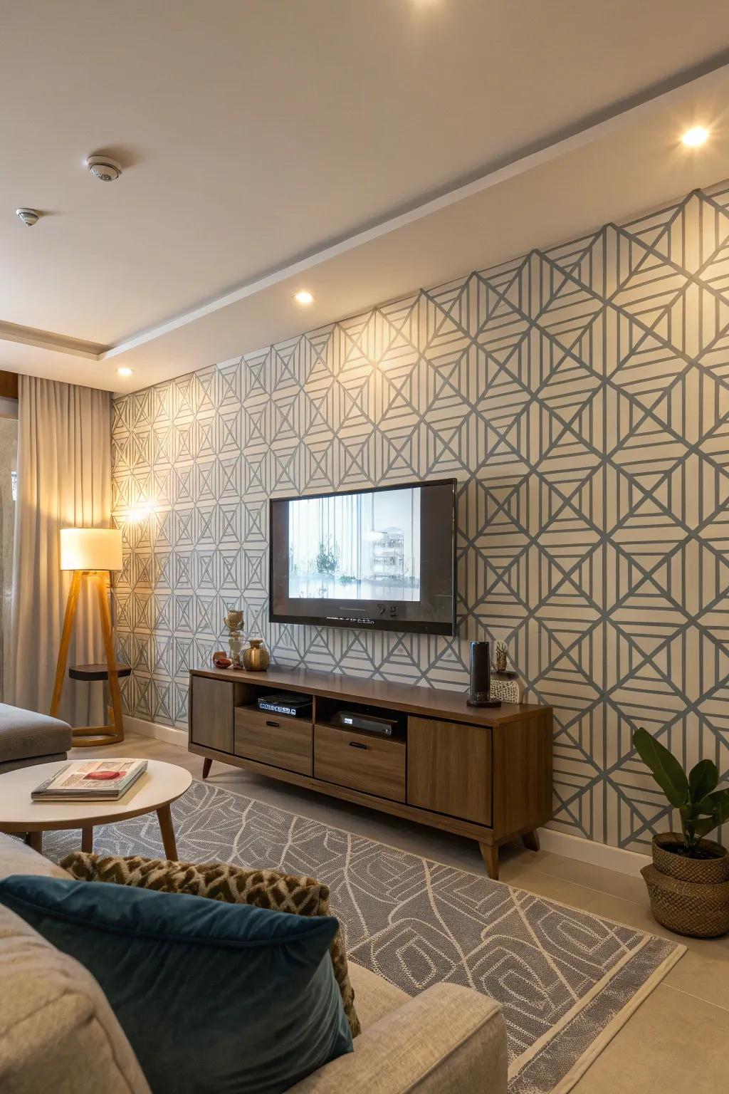 Geometric wallpaper adds a modern twist to this TV accent wall.