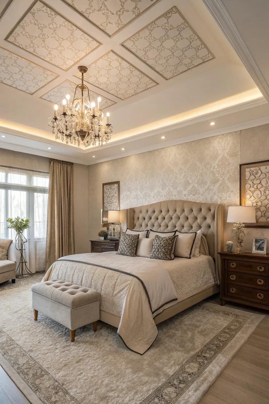 An upholstered ceiling adds an unexpected and luxurious touch.