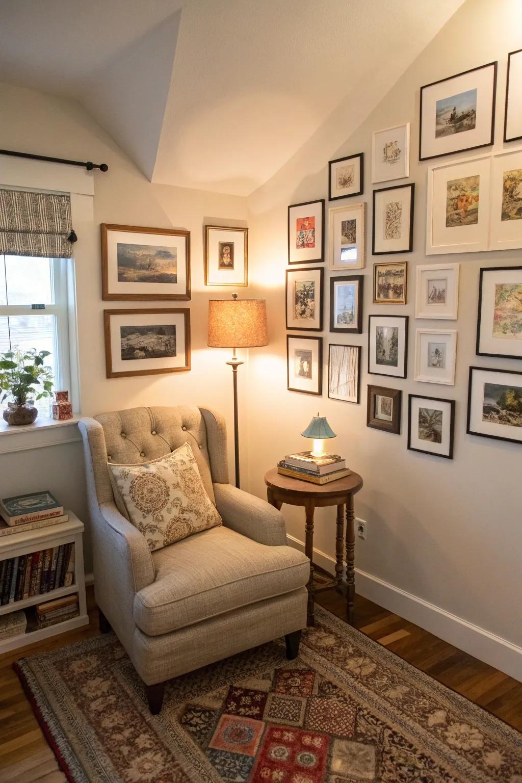 A cozy gallery nook with artwork