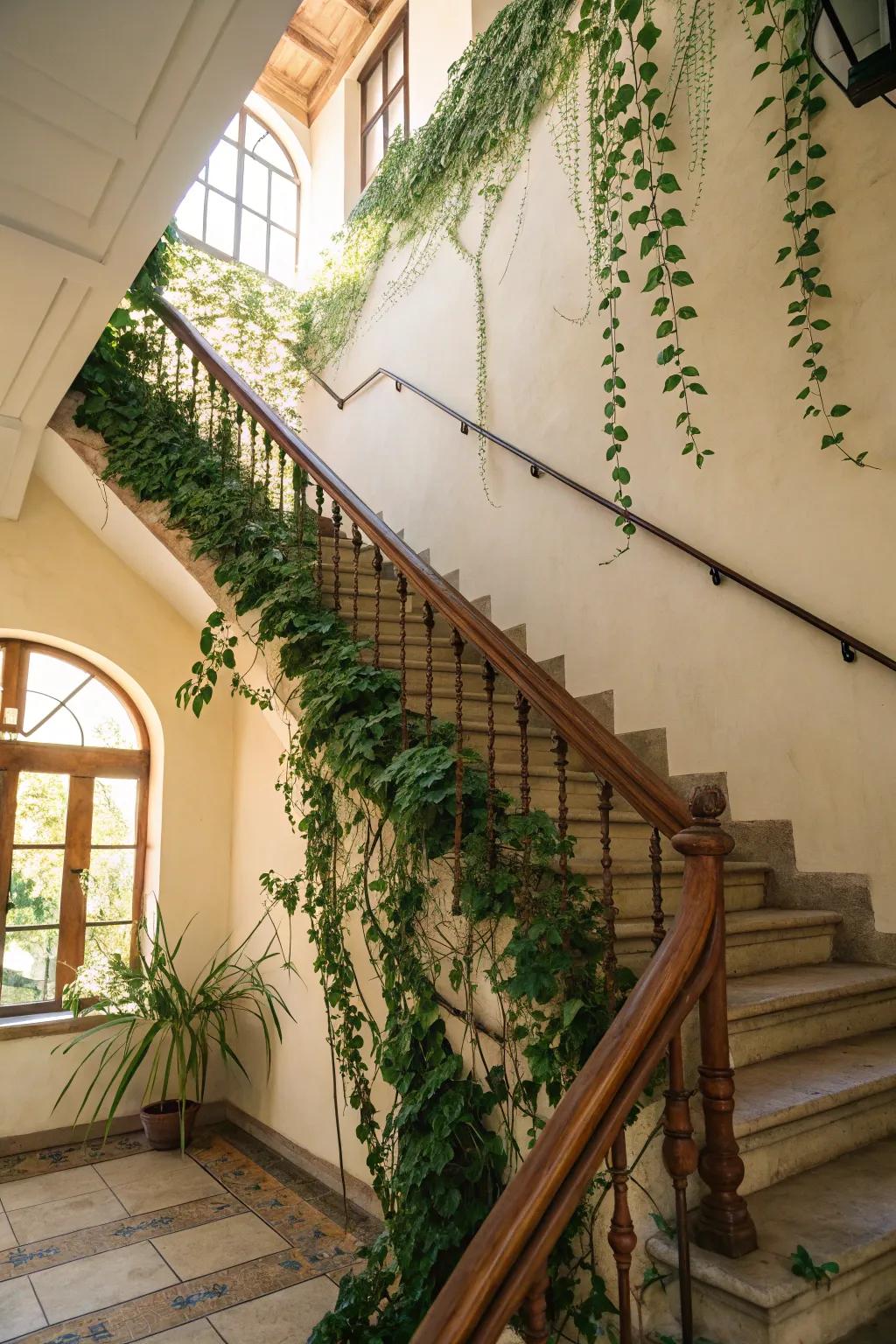 Integrate nature seamlessly with staircase vines.