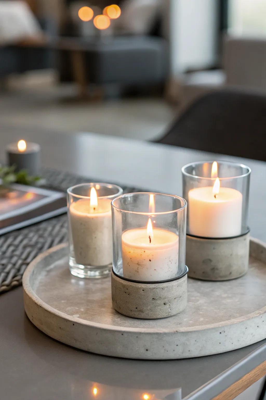 Industrial materials give votive candles a modern edge.