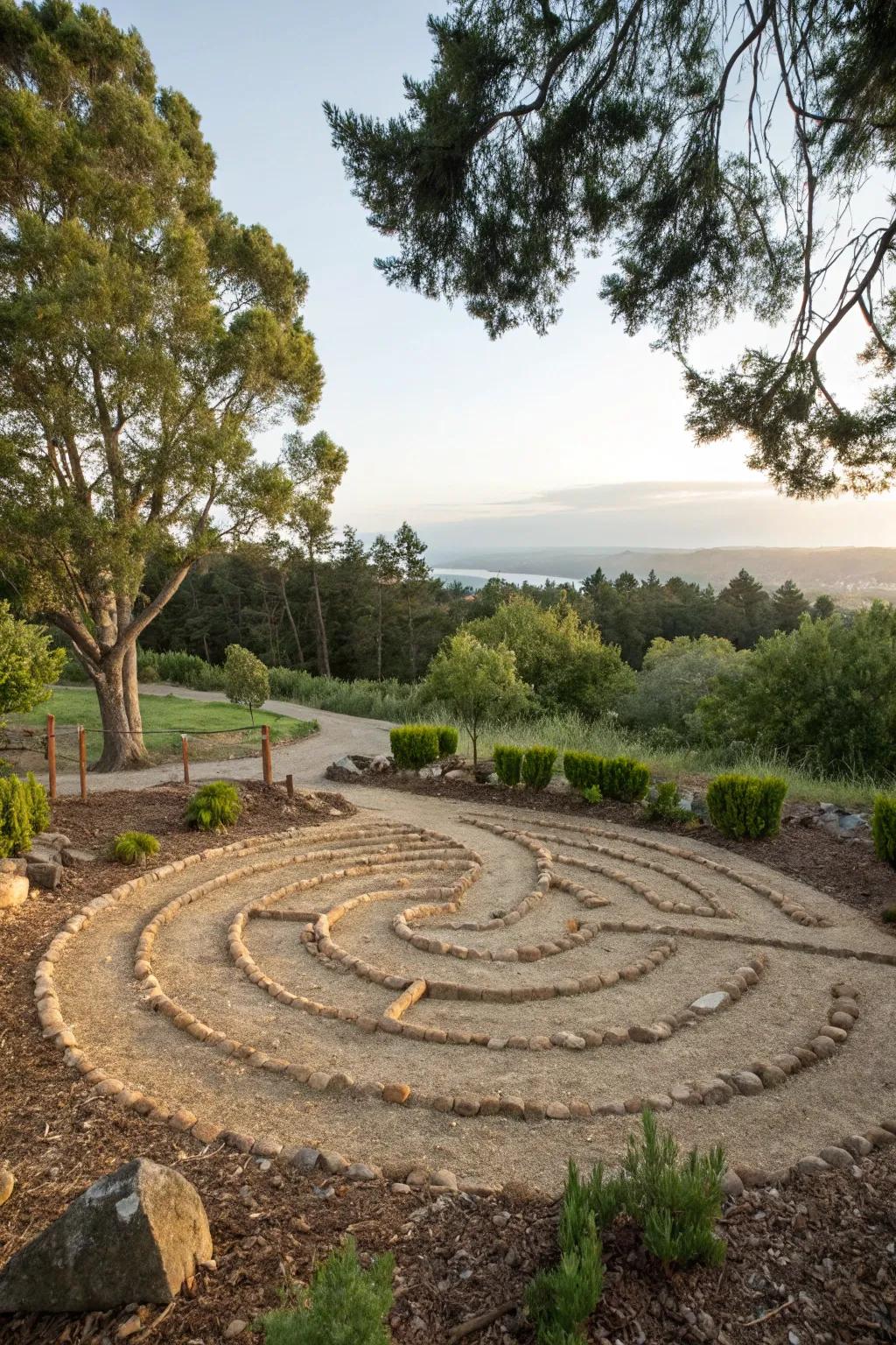 A wood chip labyrinth provides a natural and earthy walking experience.