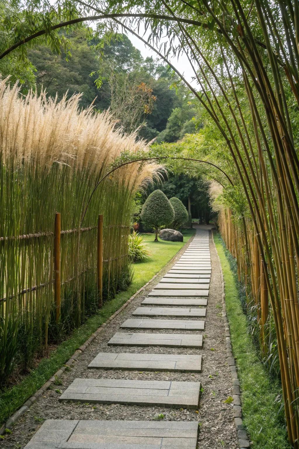 Bamboo routes bordered by grasses offer exotic flair.