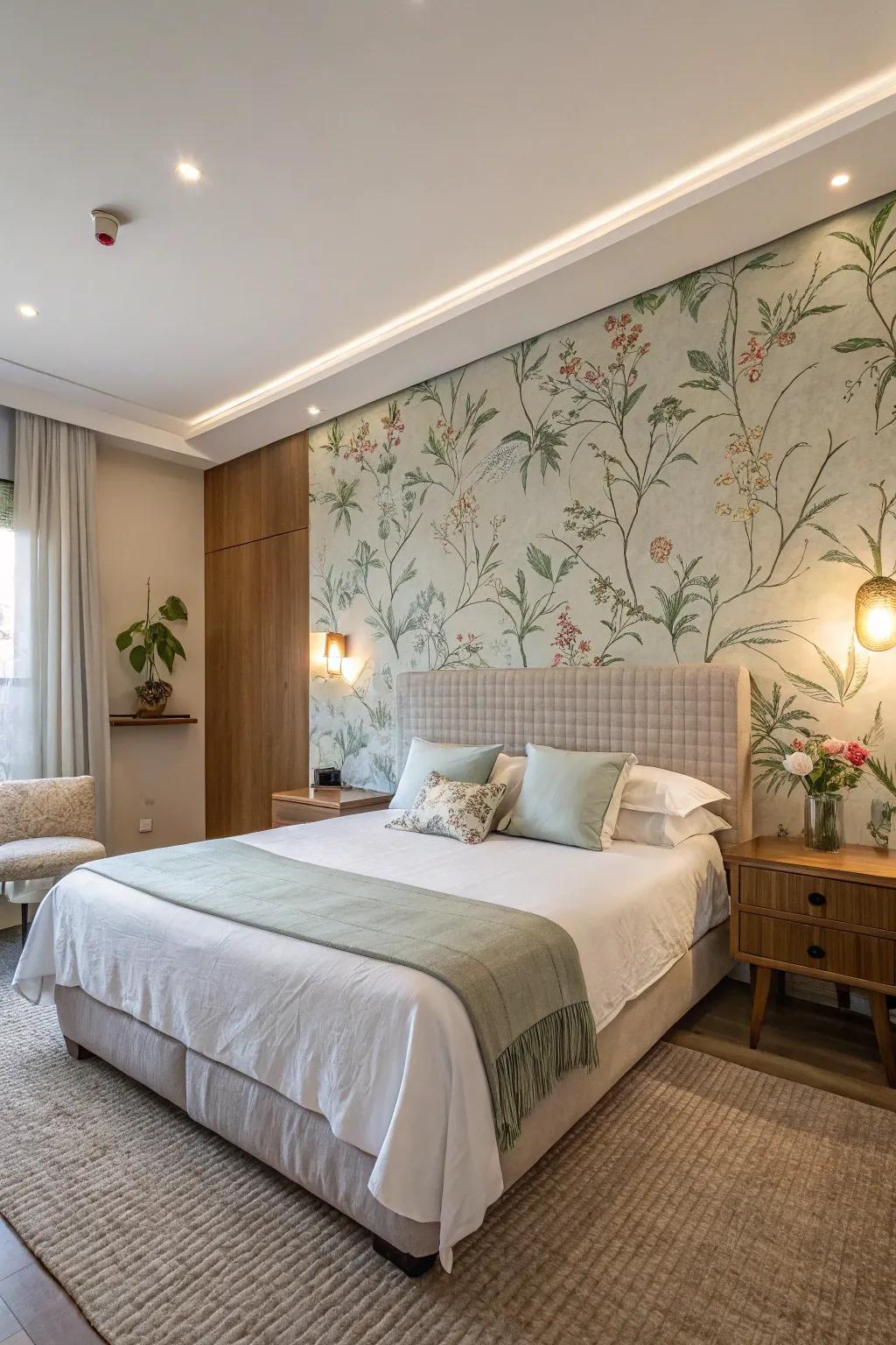 Natural motifs evoke peace and harmony in a bedroom setting.