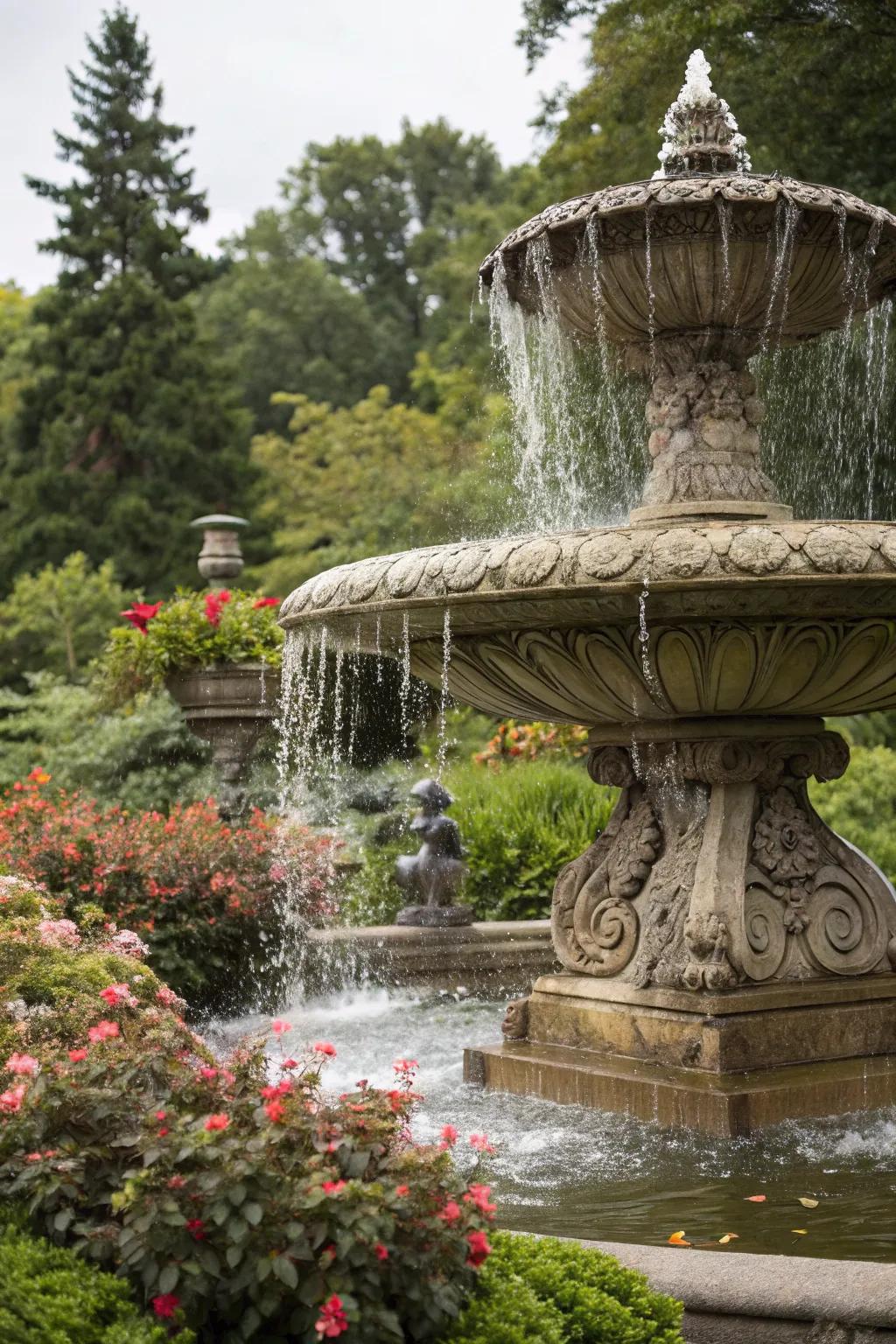 An artistic fountain waterfall serves as a garden centerpiece.