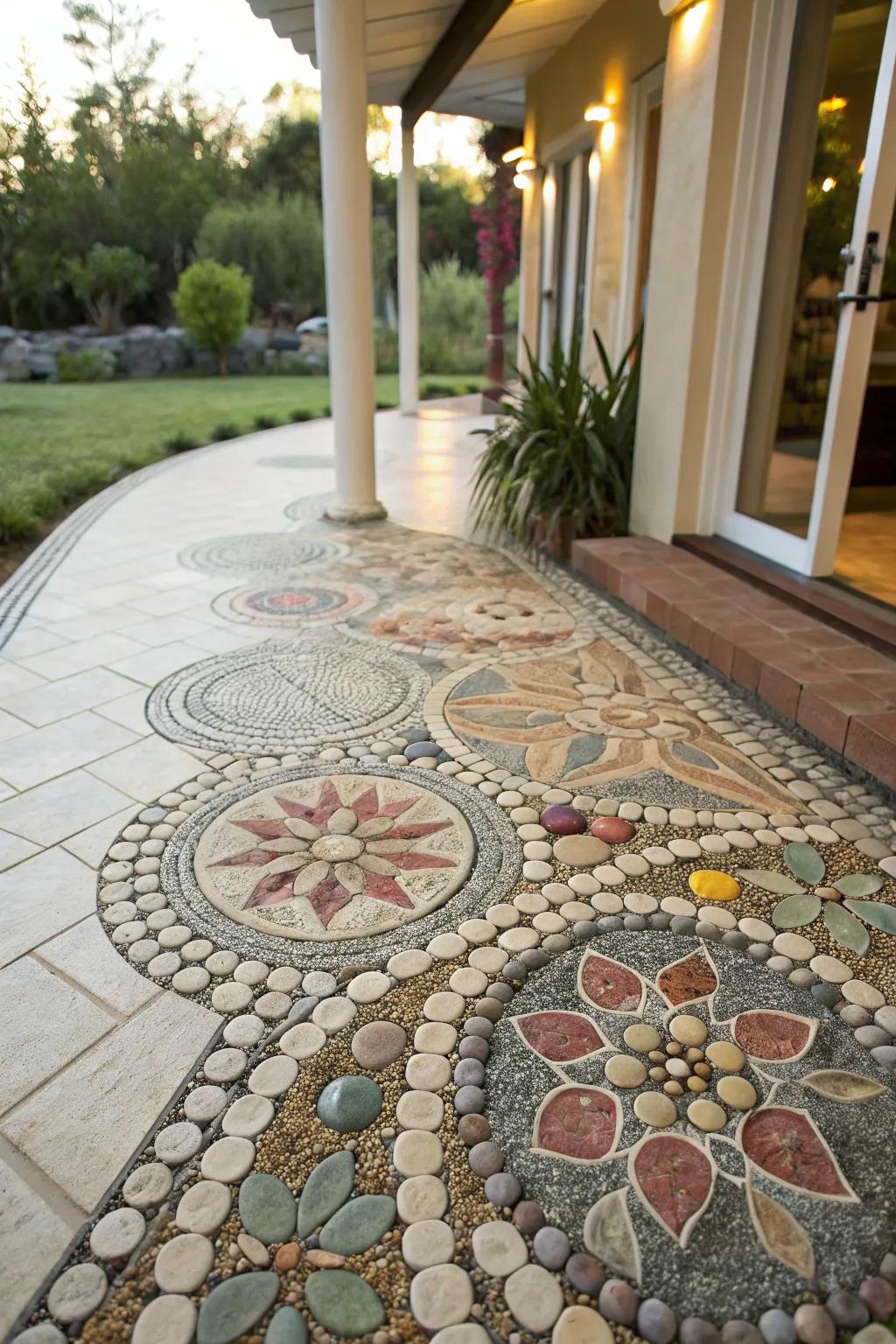 A stone mosaic adds a personal, artistic touch to the patio.