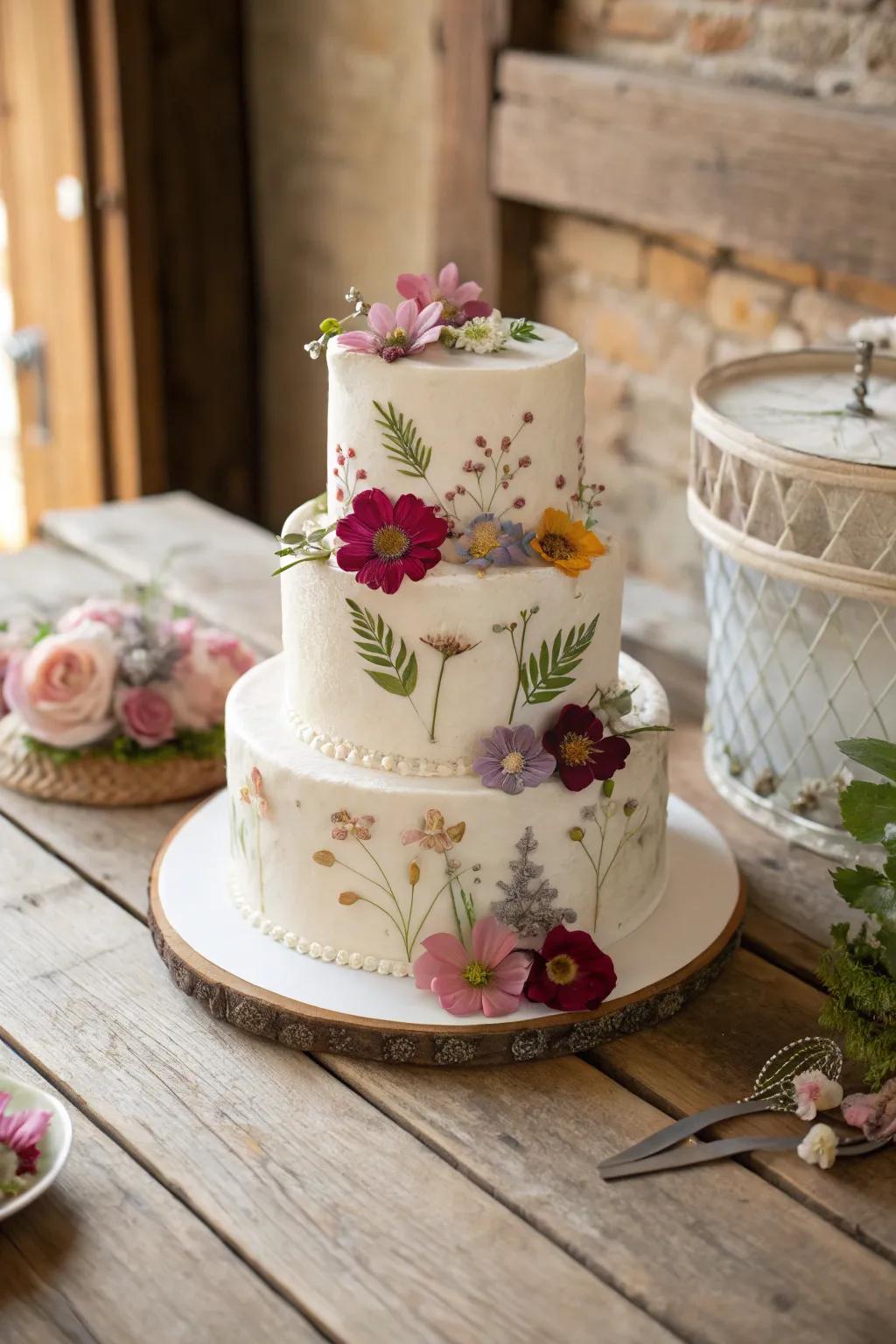 Cake with beautiful pressed flowers.