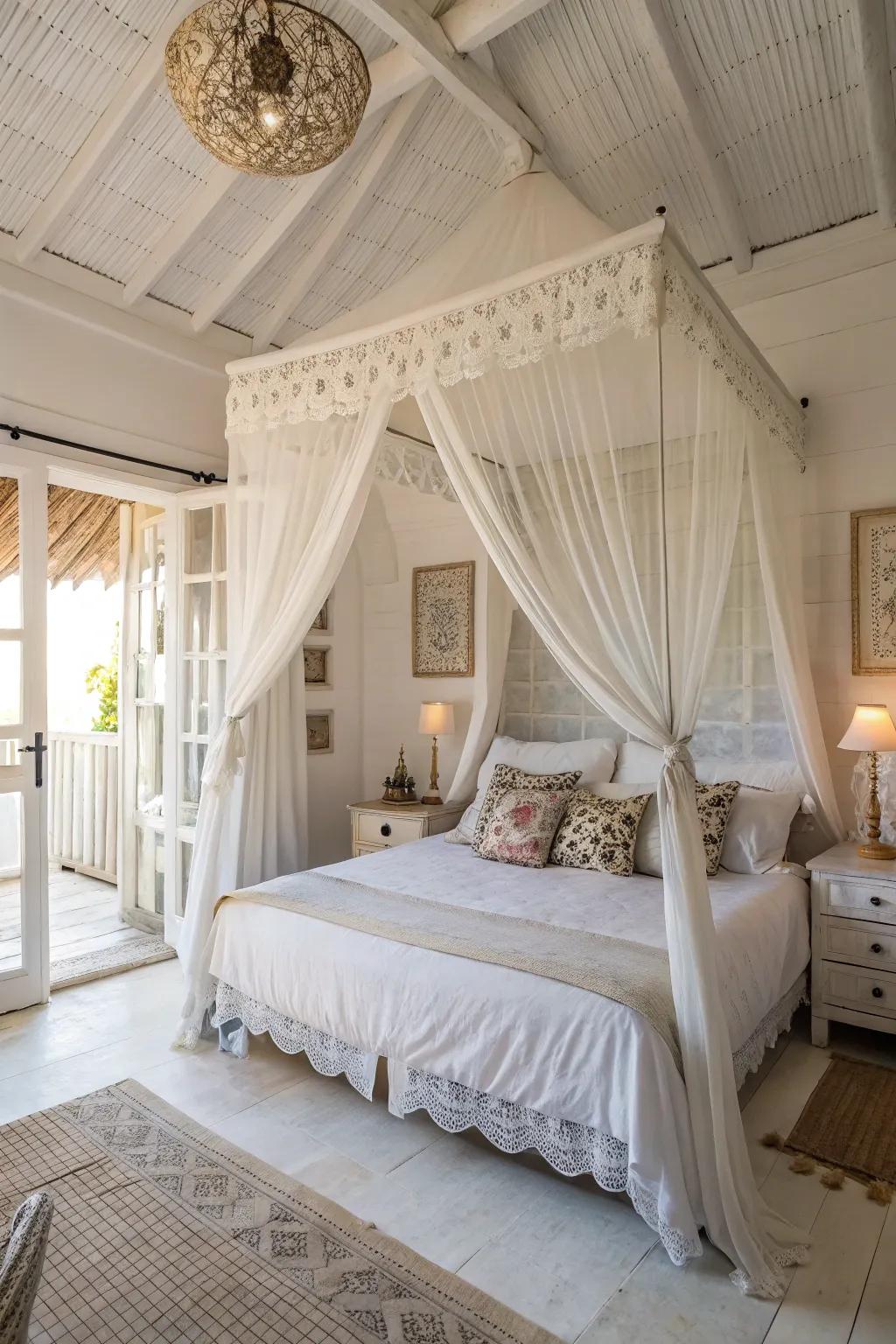 A canopy adds romance and intimacy to a white bedroom.