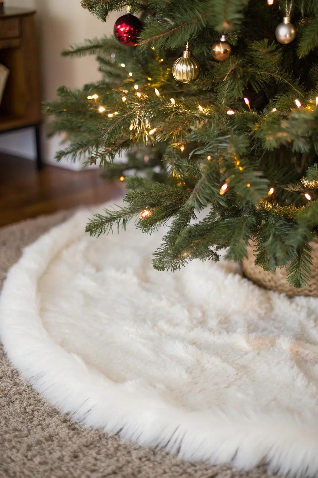 A white tree skirt adds a luxurious touch to your Christmas tree.