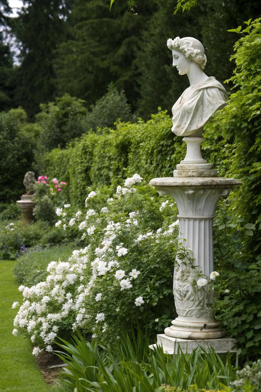 White garden art pieces add unique visual interest to the garden.