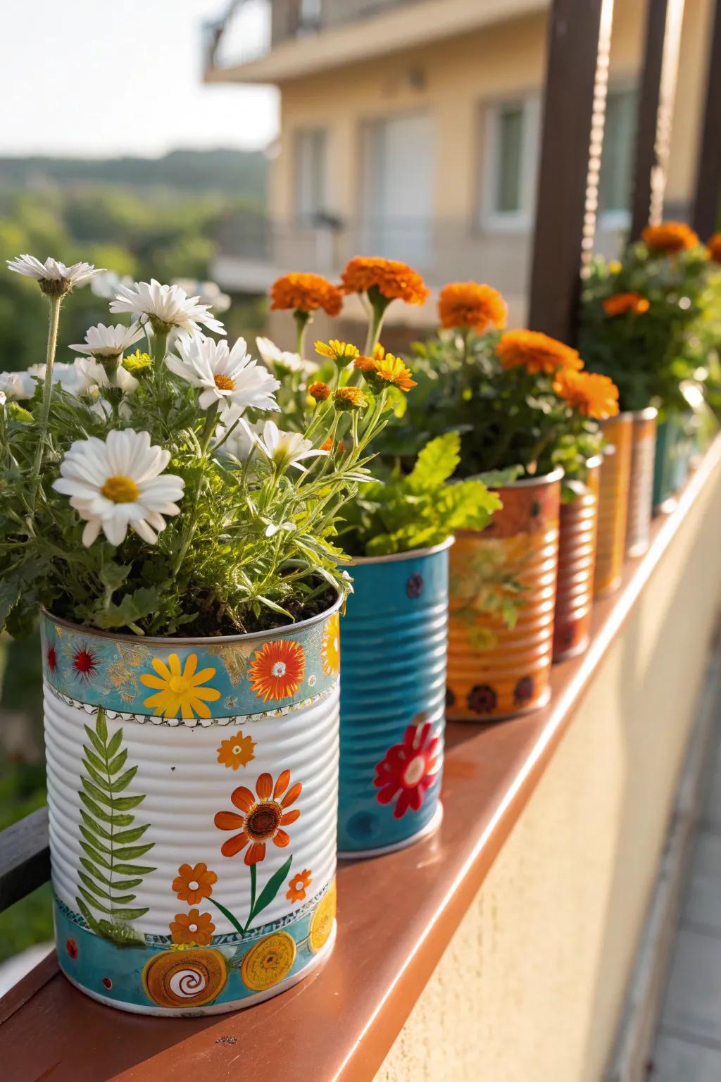 Upcycled tin cans serve as budget-friendly vases for wildflowers.