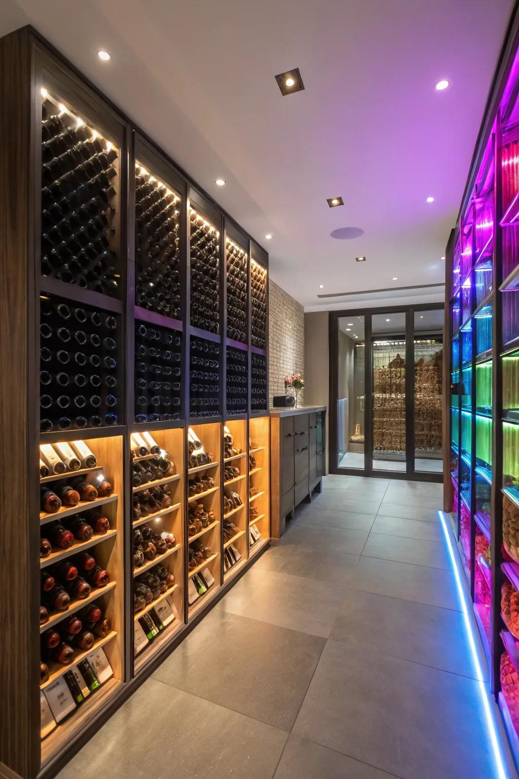 Color-shifting LEDs add a lively atmosphere to the wine room.