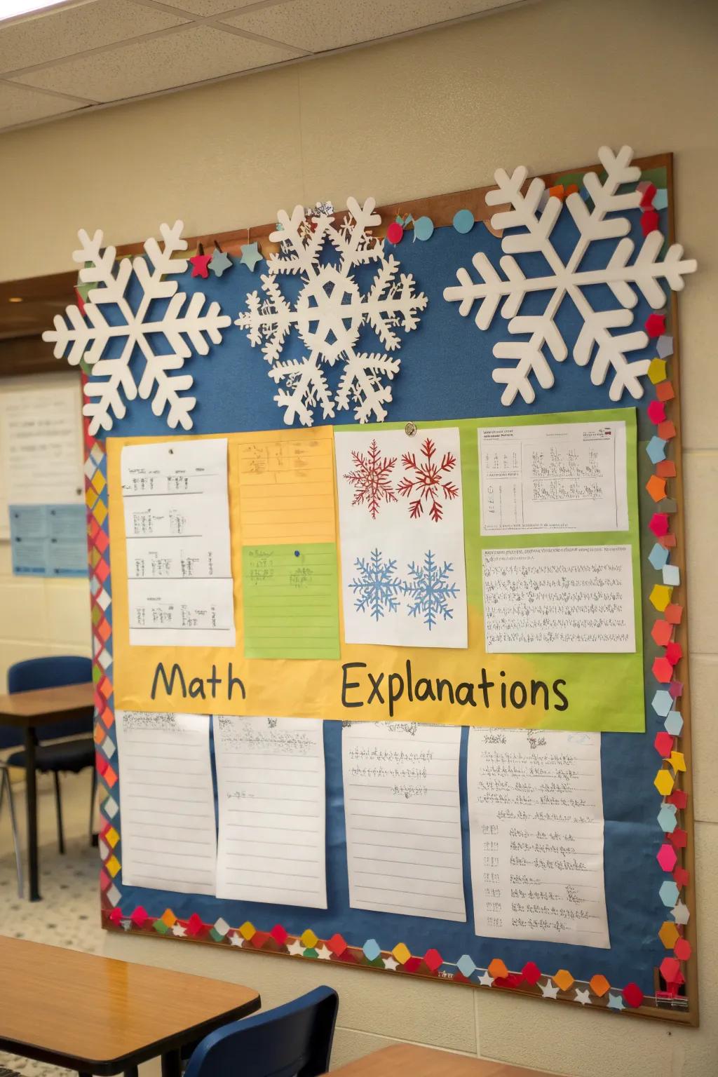 Symmetrical snowflakes introduce an artistic math element to the winter board.