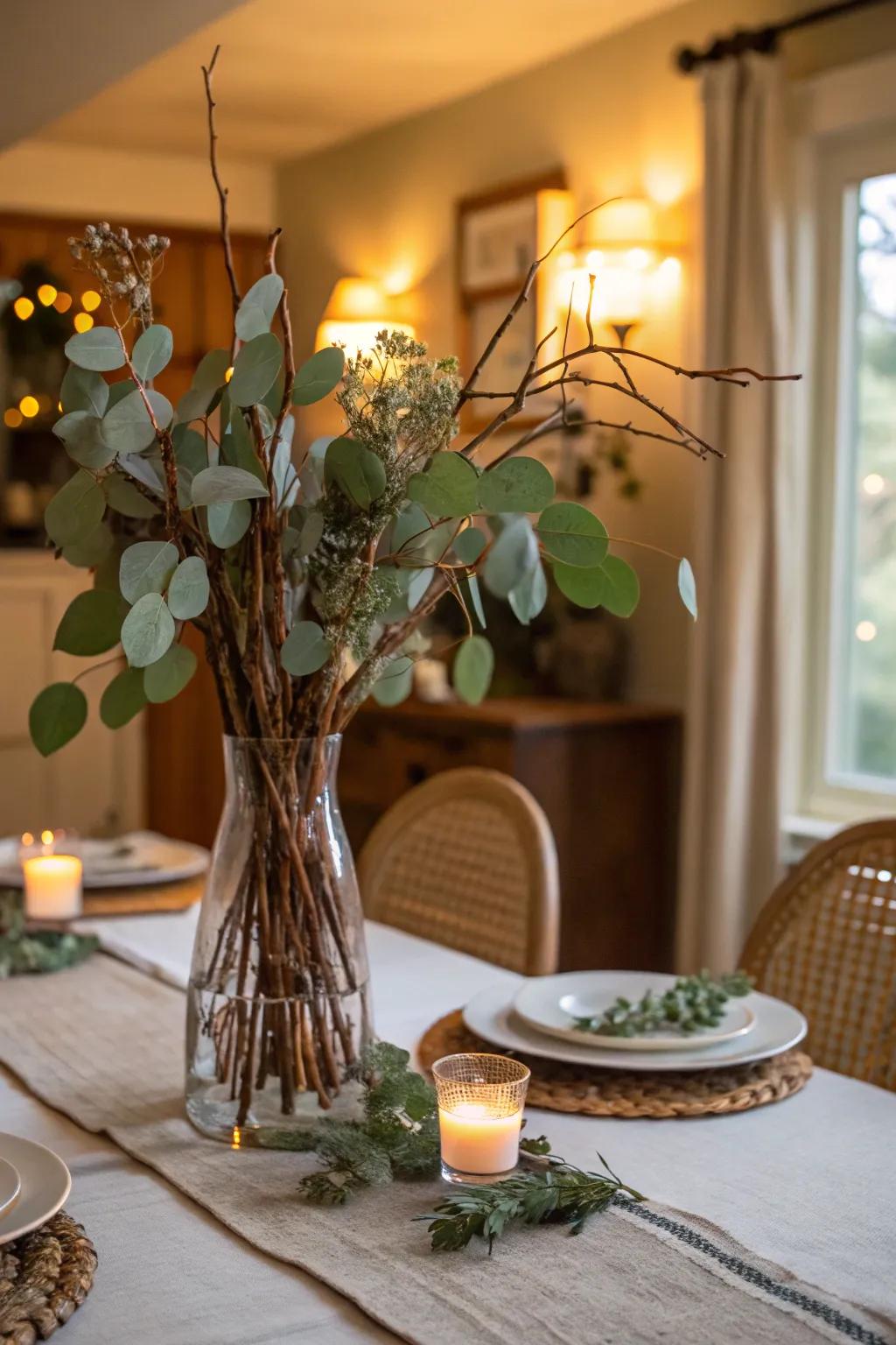 Eucalyptus and twigs create a harmonious and sophisticated arrangement.