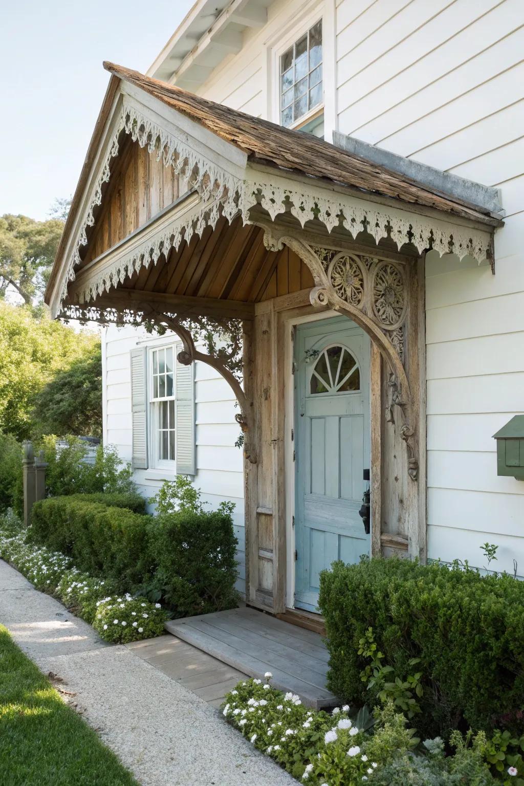 Cottage-style awning for storybook charm.