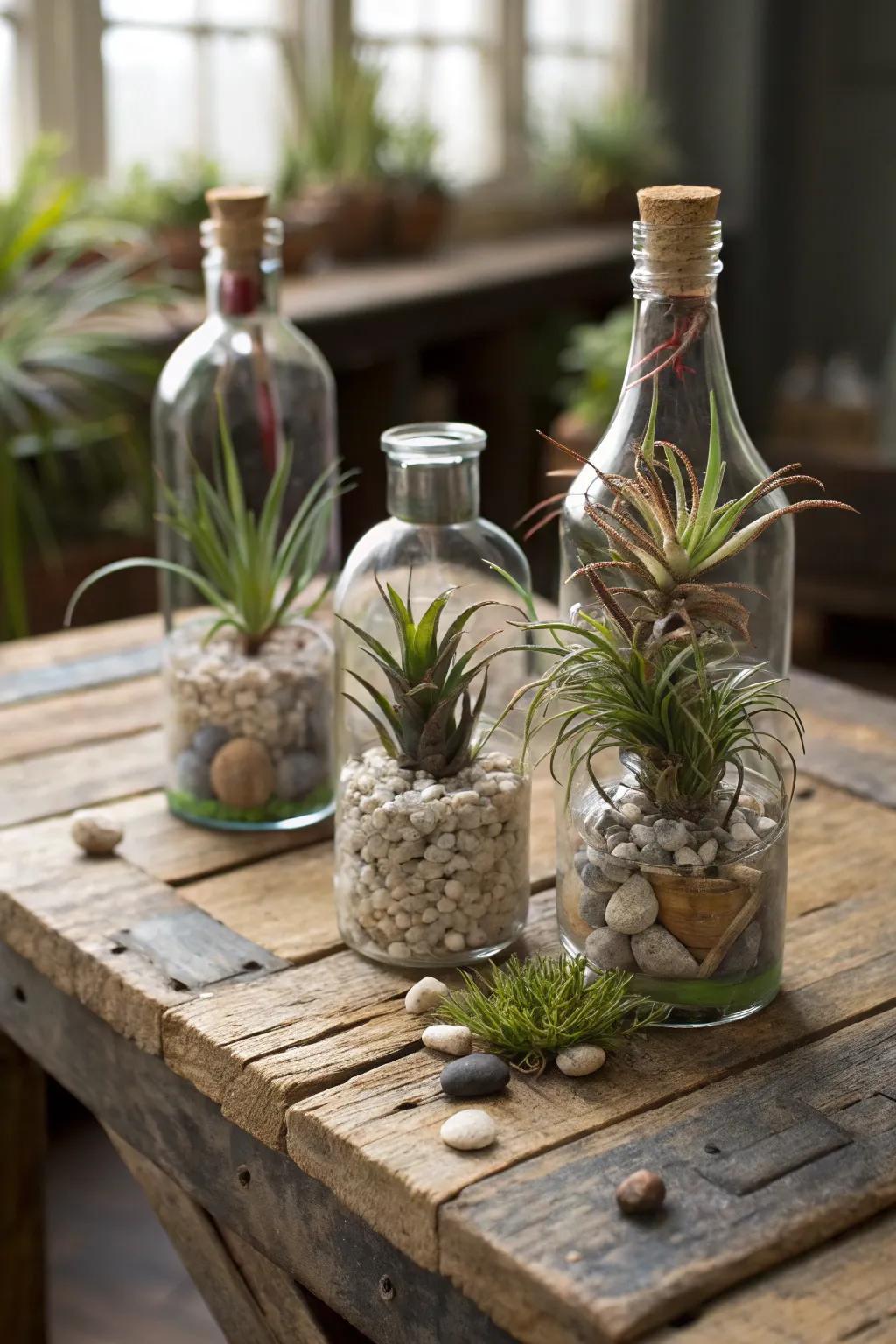 Upcycled glass bottles create charming air plant displays.