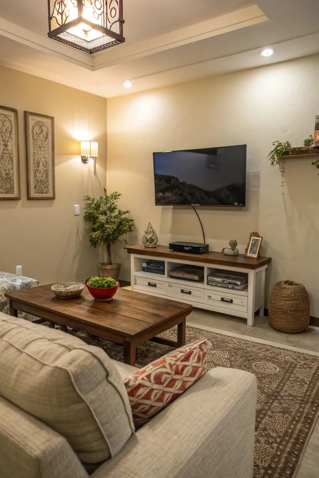 A wall-mounted TV frees up space in this small living room.