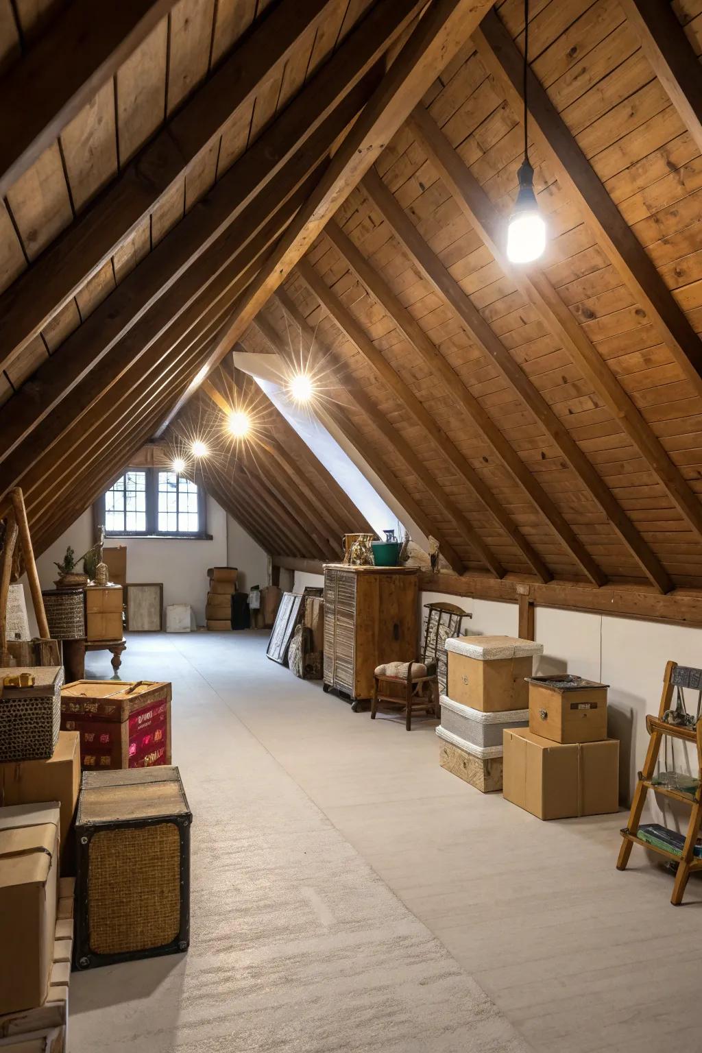 Efficient lighting transforms your attic into a functional storage area.