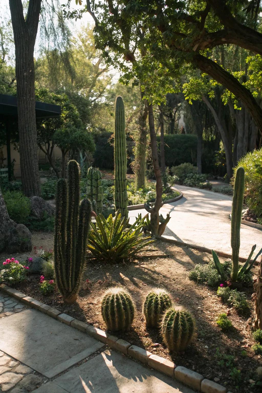 Cacti thriving in sunlit spots within a shaded corner of the garden.