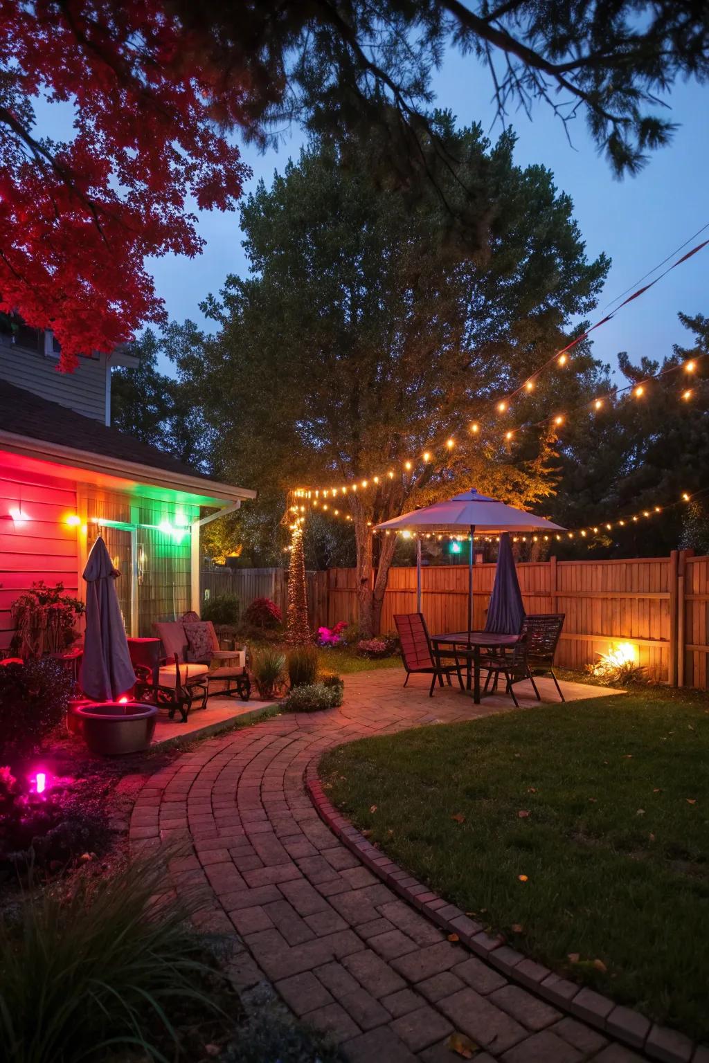 Intermixed hue lighting appends a festive and vibrant atmosphere.