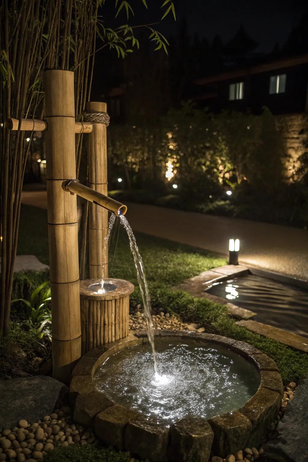 A bamboo fountain glowing beautifully with aquatic lights at night.