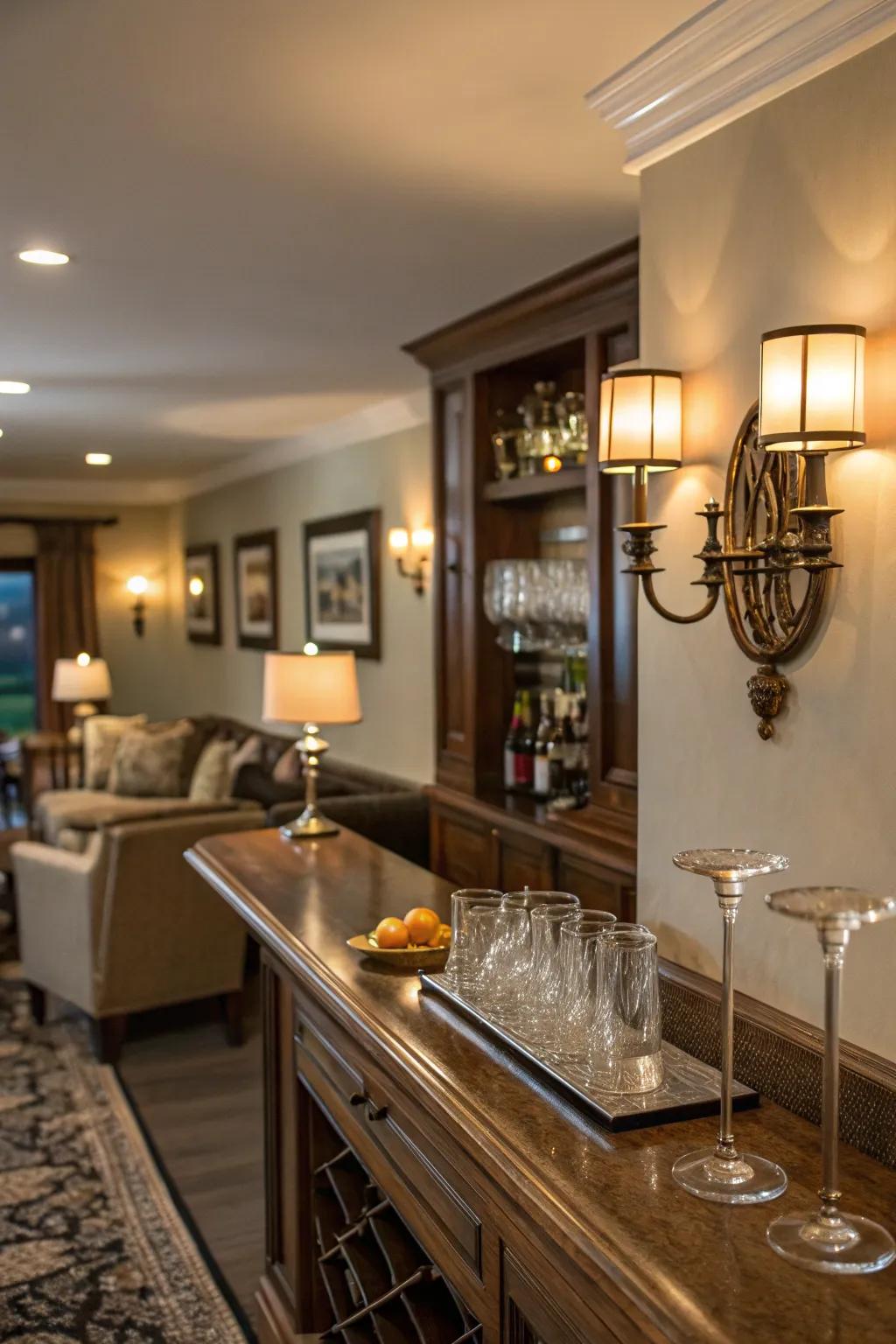 Wall sconces add elegance and ambient lighting to the bar.