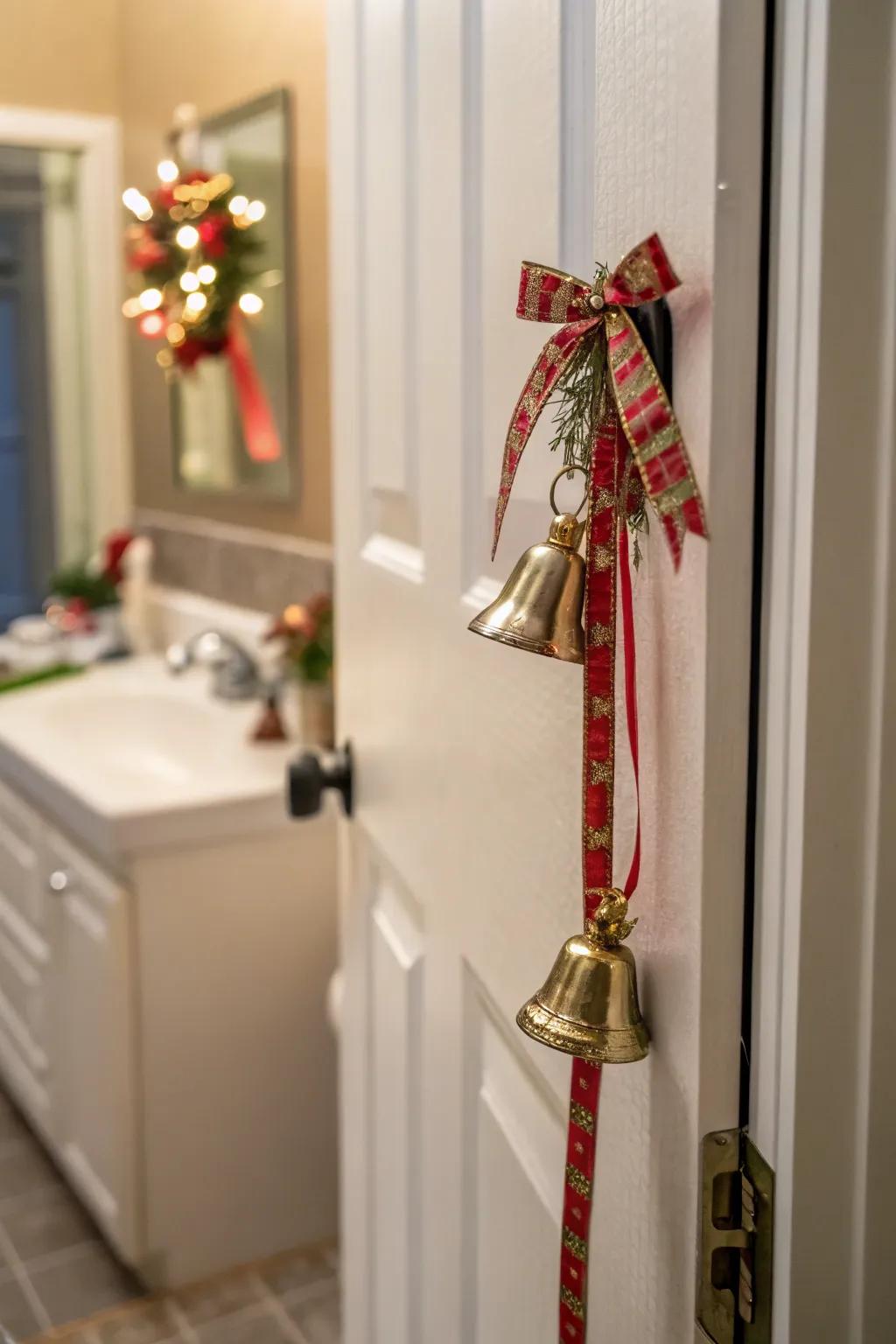 Holiday bells add a festive jingle to this bathroom door.