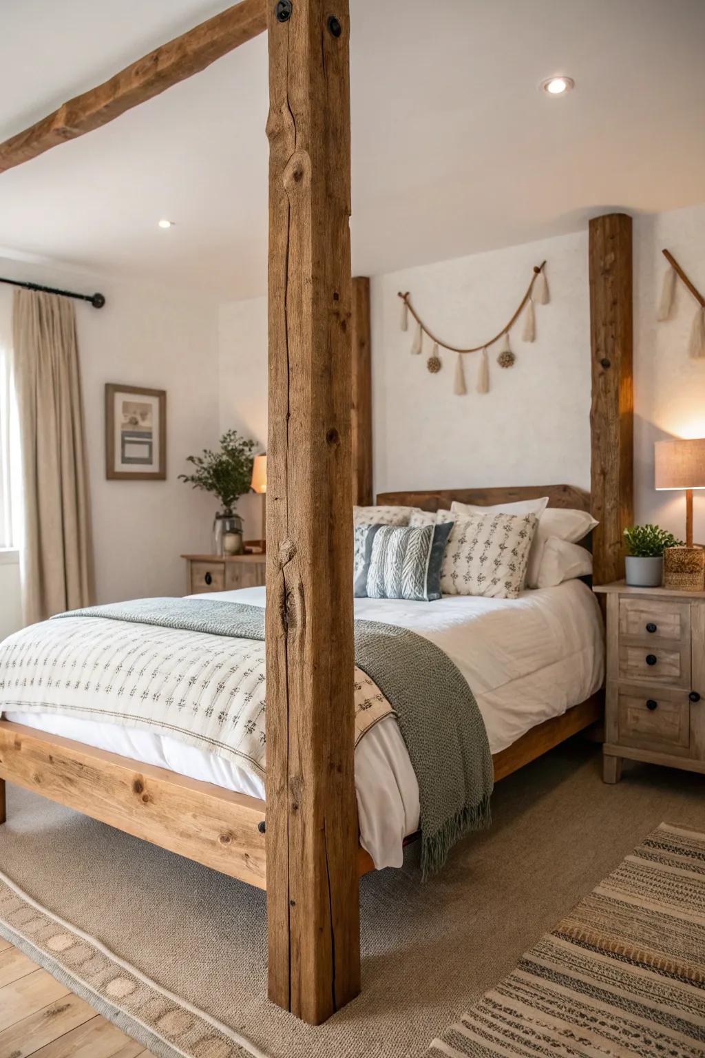 Reclaimed wood bedposts offer an eco-friendly and unique touch.