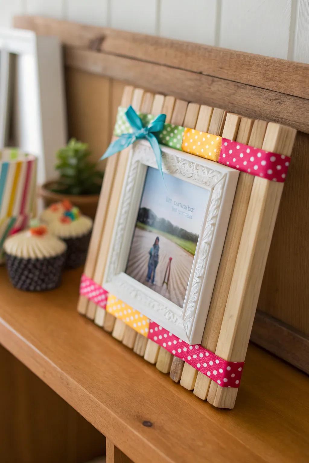 Showcase memories with ice cream stick photo frames.