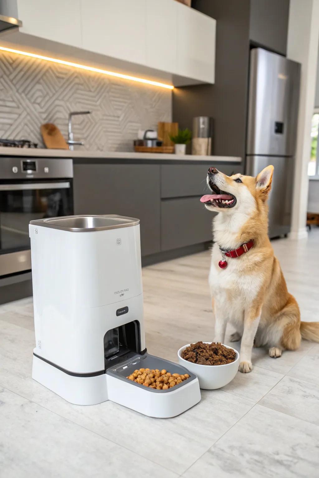 A smart pet feeder ensures pets are well-fed, even when their owners are busy or away from home.